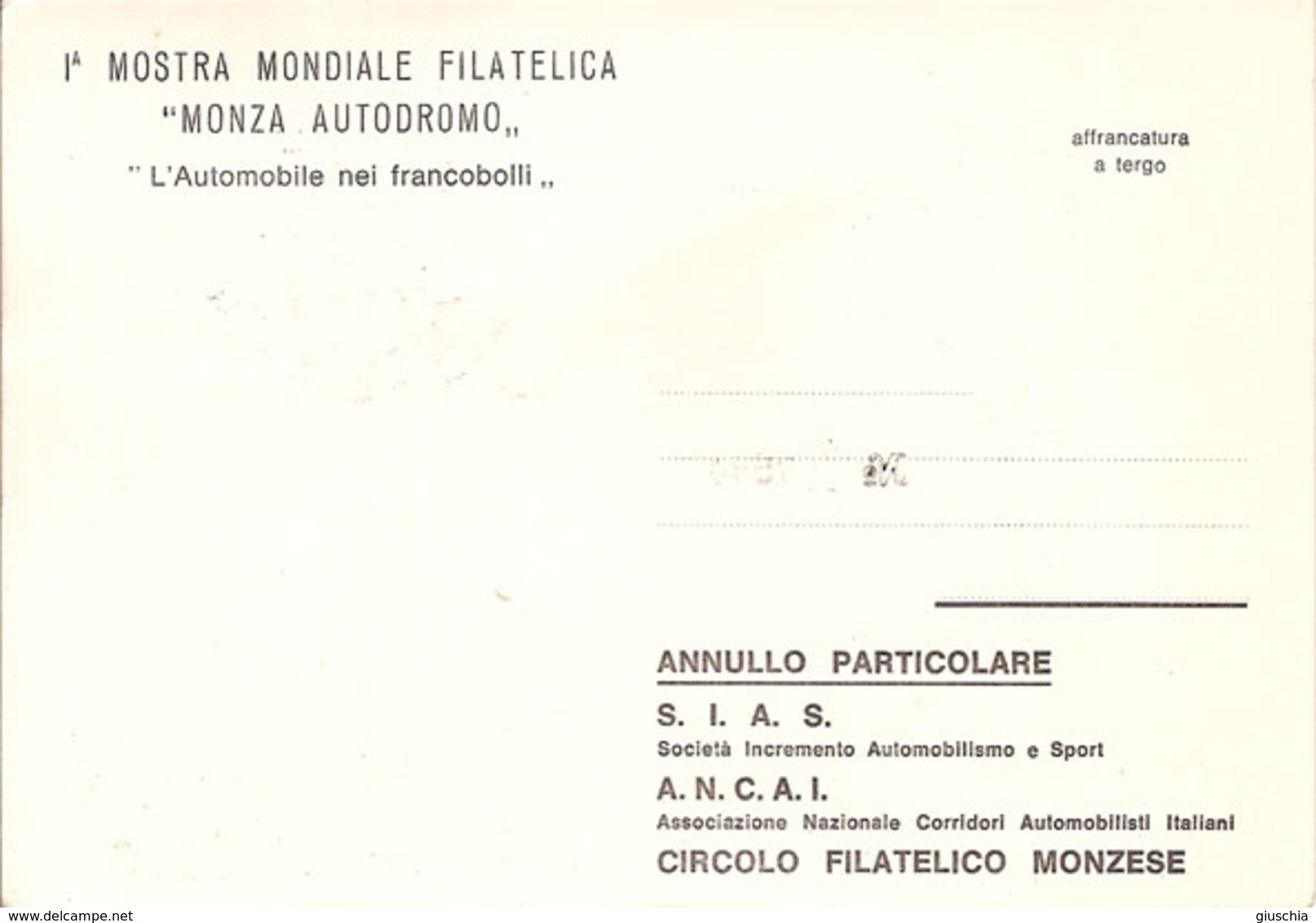 (CTF).1^ Mostra Mondiale Filatelica "Monza Autodromo".Annullo Speciale Su Cartolina Del 6-9-1966 (33-a20) - Timbres (représentations)