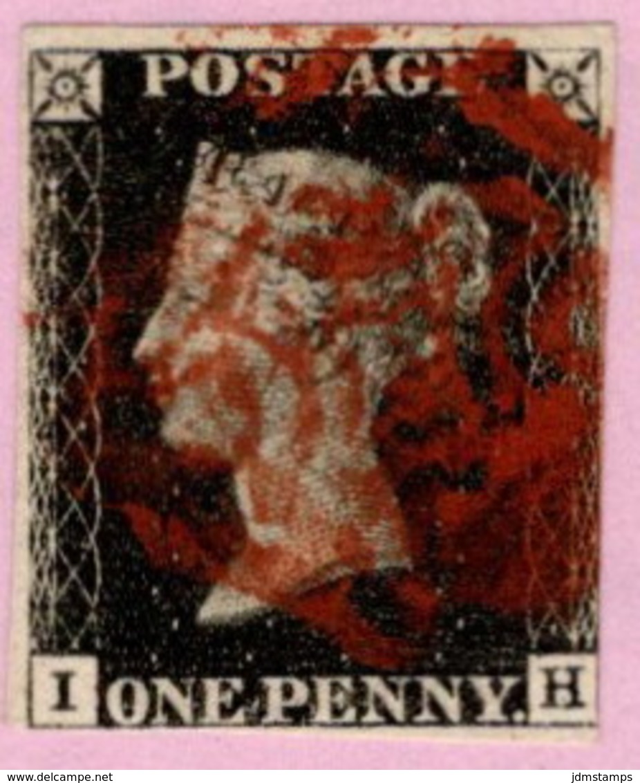 GBR SC #1 U (I,H) 1840 Queen Victoria 3+ Margins W/red Cancel CV $375.00 - Gebraucht