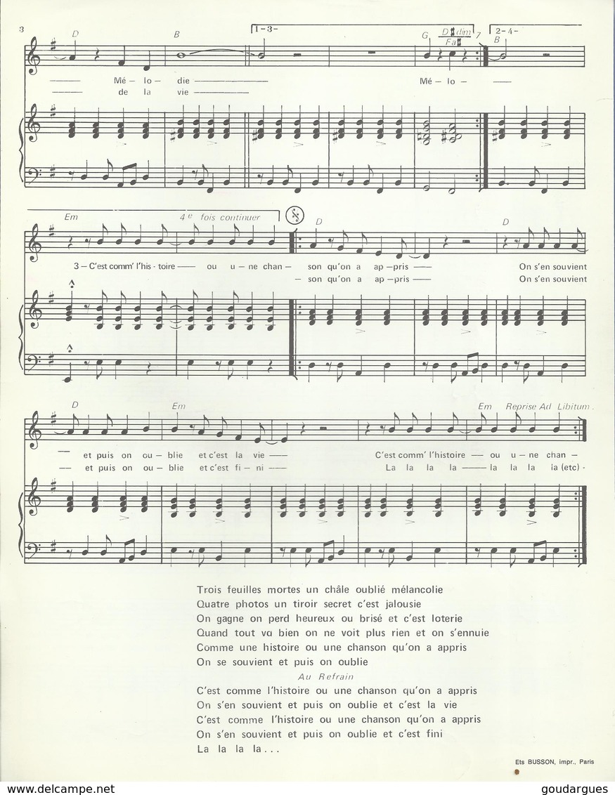 "Melodie, Mélodie" - Danyel Gérard - Paroles De R. R. Beranger Et Paul Slade. Musique De Danyel Gérard - Gesang (solo)