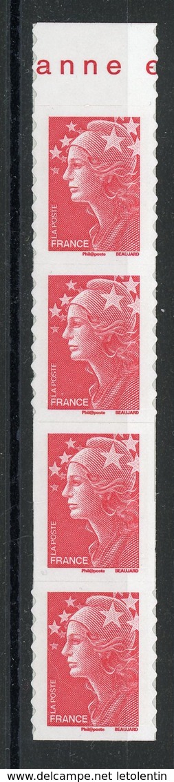 - TVP ROUGE MARIANNE DE BEAUJARD NON DENTELÉ TENANT À DENTELÉ DANS BANDE DE 4 HAUT DE F. - N° Yvert ADHESIF 590 ** - Unused Stamps