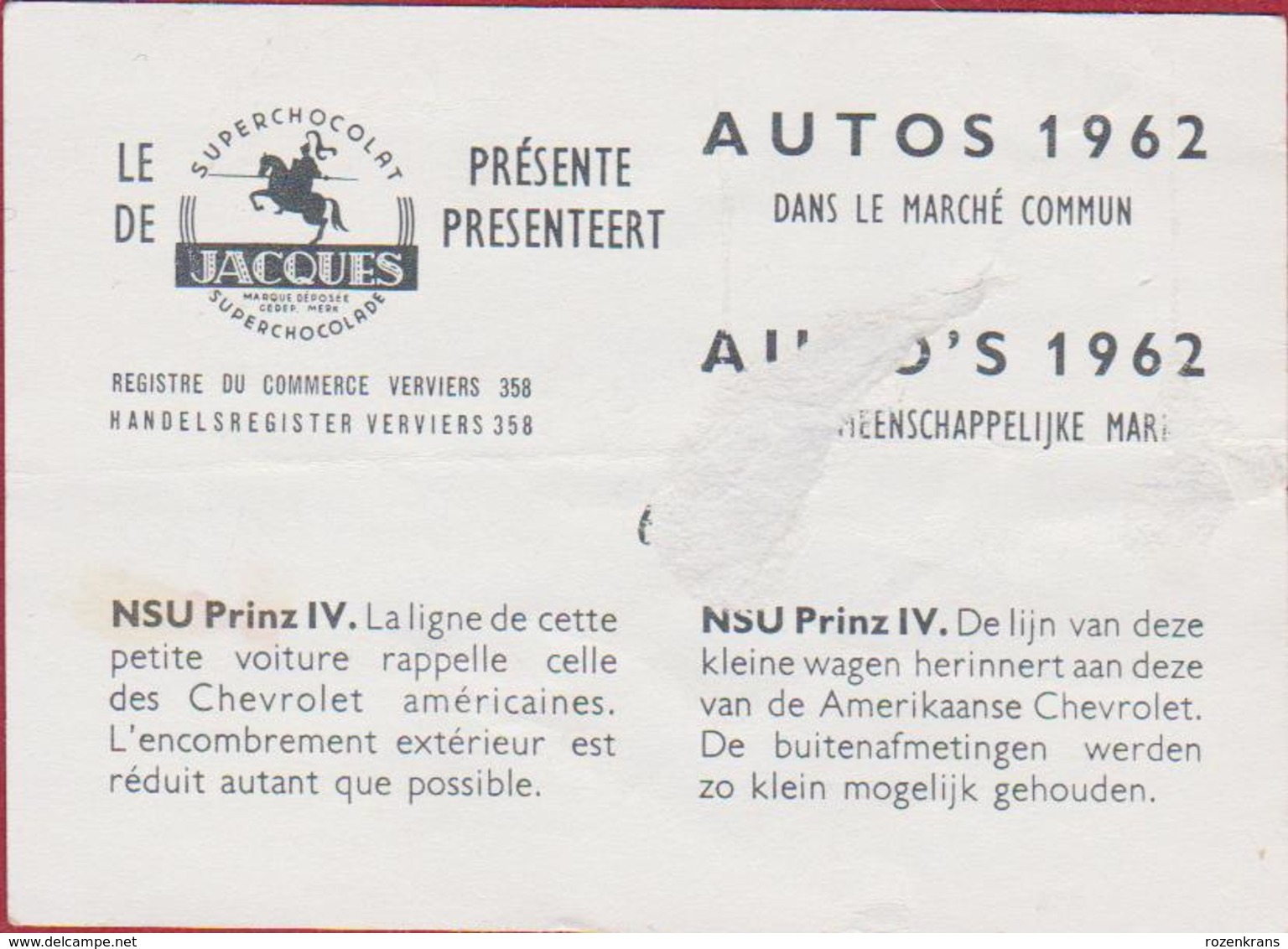 Chromo Chocolade Jacques Auto Voiture Car 1962 Nr. 69 NSU Prinz IV NSU Motorenwerke AG West Germany  Pkw-Modell Deutsche - Jacques