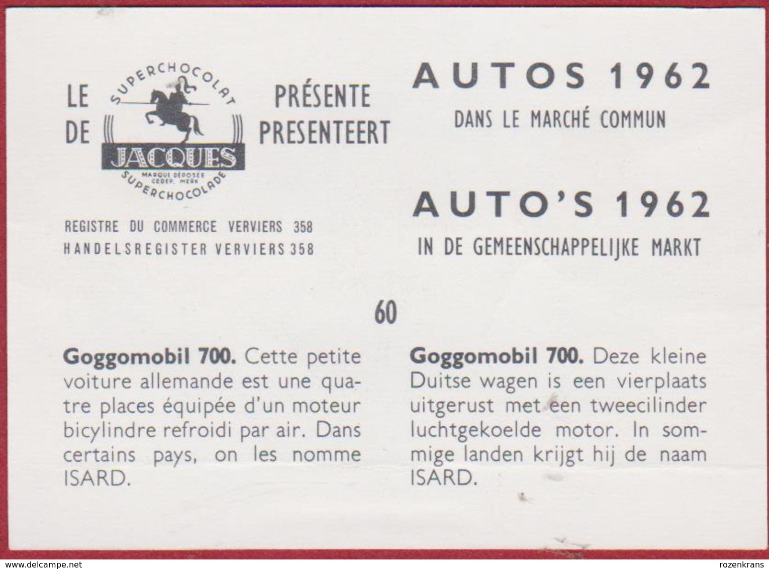 Chromo Chocolade Jacques Auto Voiture Car 1962 Nr. 60 Hans Glas GmbH Goggomobil 700 ISARD ISAR - Jacques