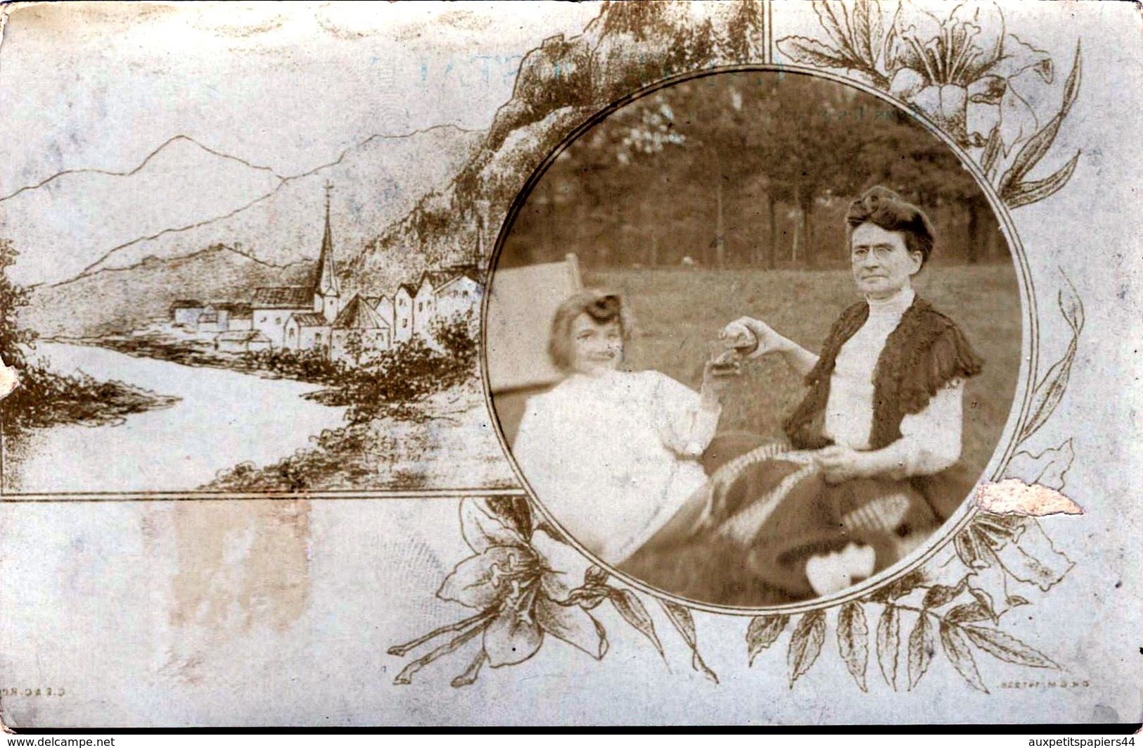 Carte Photo Montage Mère Et Fille Triquant à La Bonne Année à Paris, Le 31.12.1908 - Société J. Jougla à Paris - Personas Anónimos