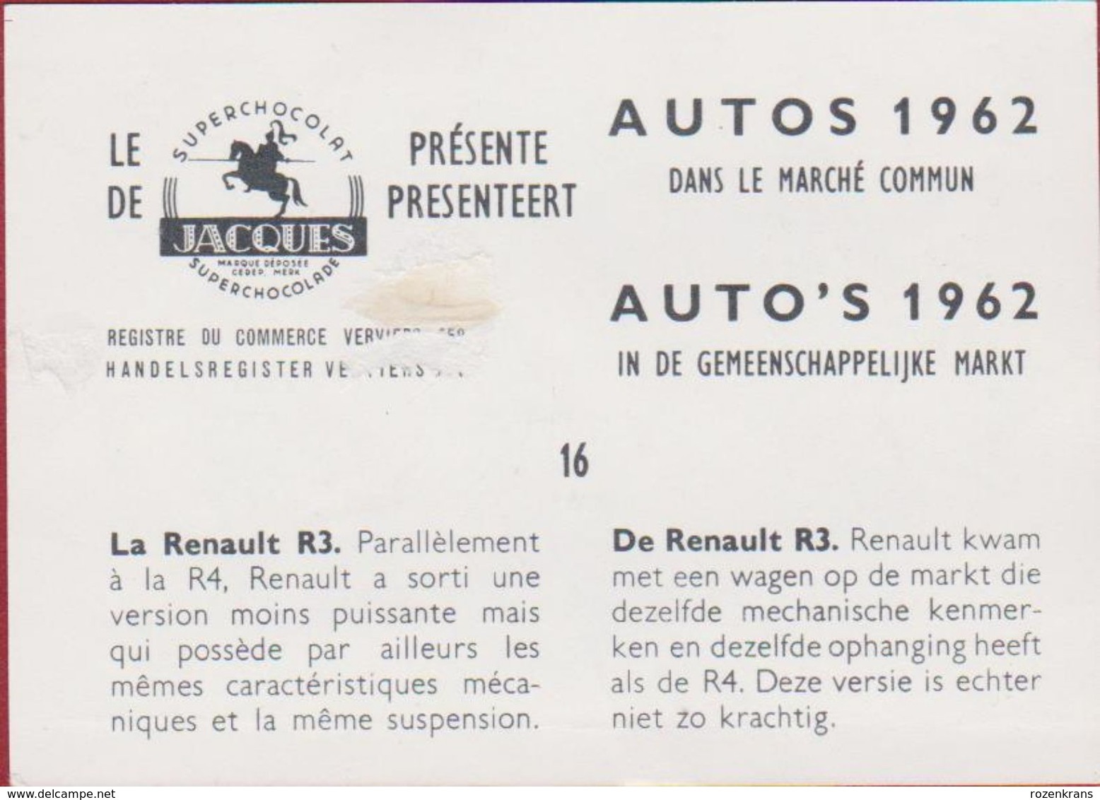 Chromo Chocolade Jacques Auto Voiture Car 1962 Nr. 16 Renault R3 - Jacques