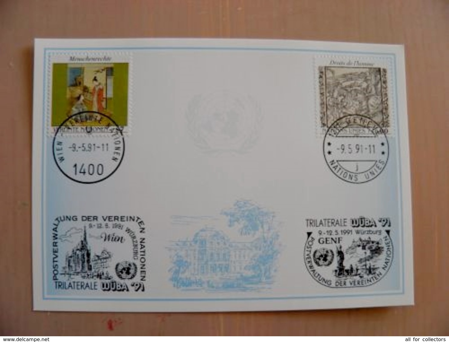 Sale! Post Card Uno United Nations Mixed Stamps Geneve Wien 1991 Special Cancels Wuba - Storia Postale