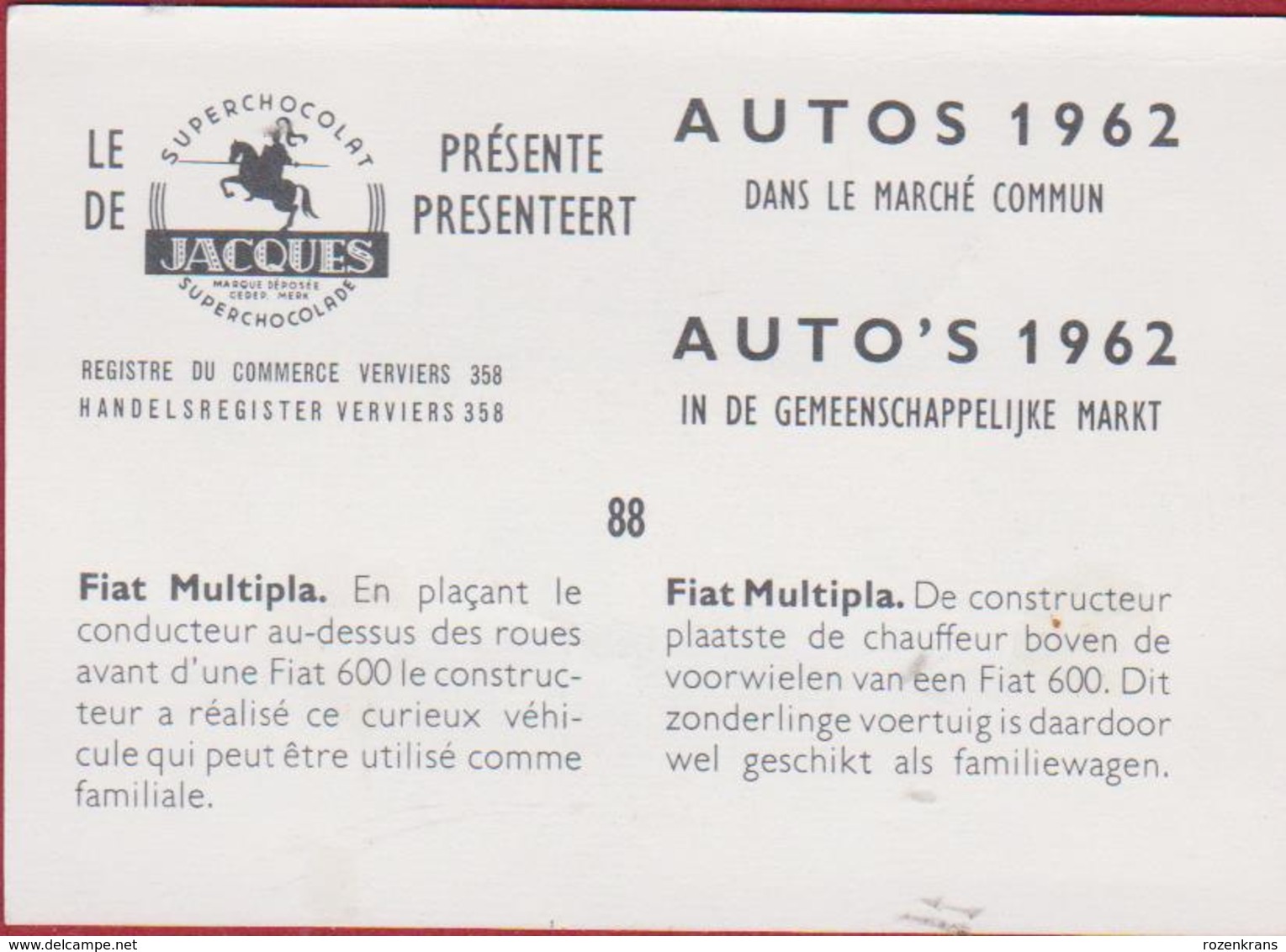 Chromo Chocolade Jacques Auto Autos Retro Voiture Car 1962 Nr. 88 FIAT MULTIPLA '60s - Jacques