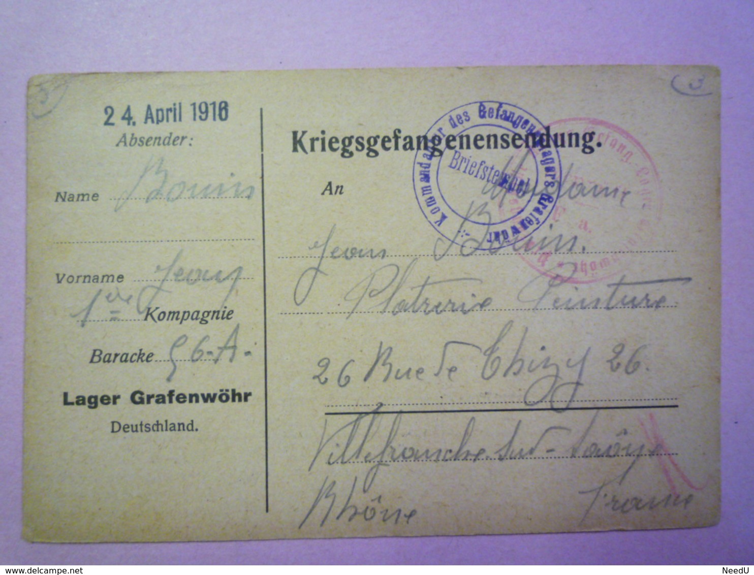 GP 2020 - 2505  Kriegsgefangenensendung  LAGER - GRAFENWÖHR   1916   XXX - 1914-18