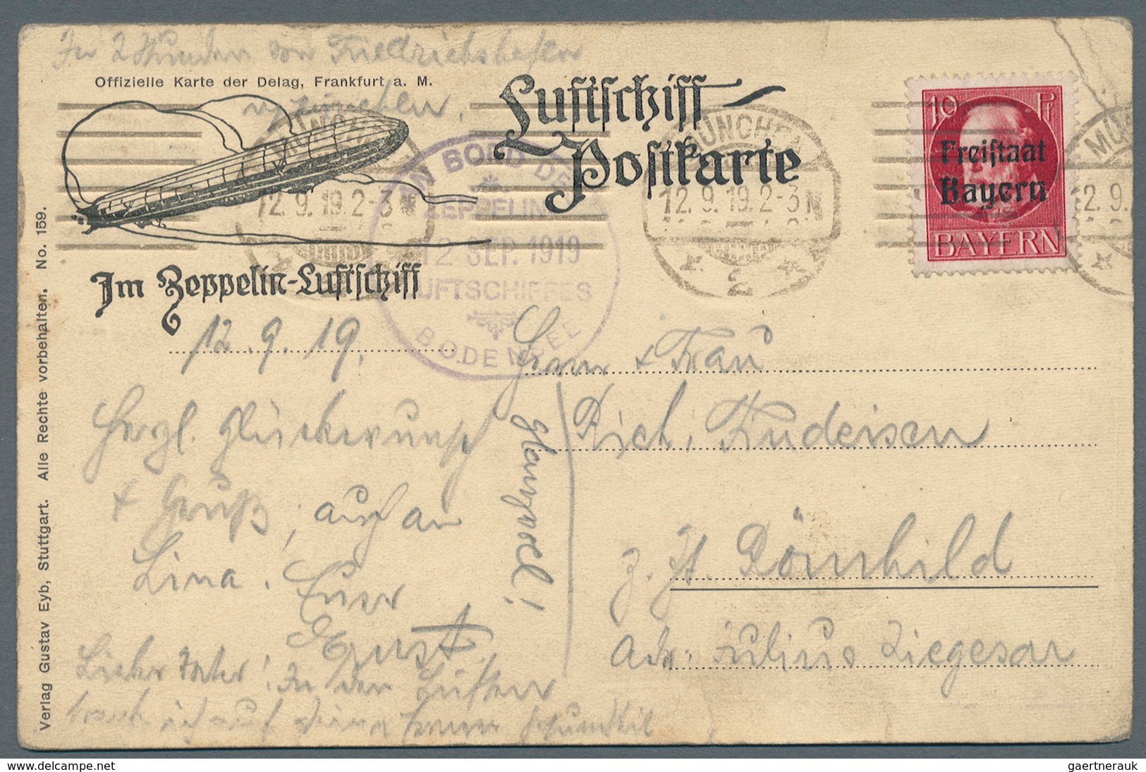 Bayern - Besonderheiten: 1919, Zeppelin "Bodensee"-Post Mit Bordstempel Vom 12. SEP. 1919 Auf Ansich - Autres & Non Classés