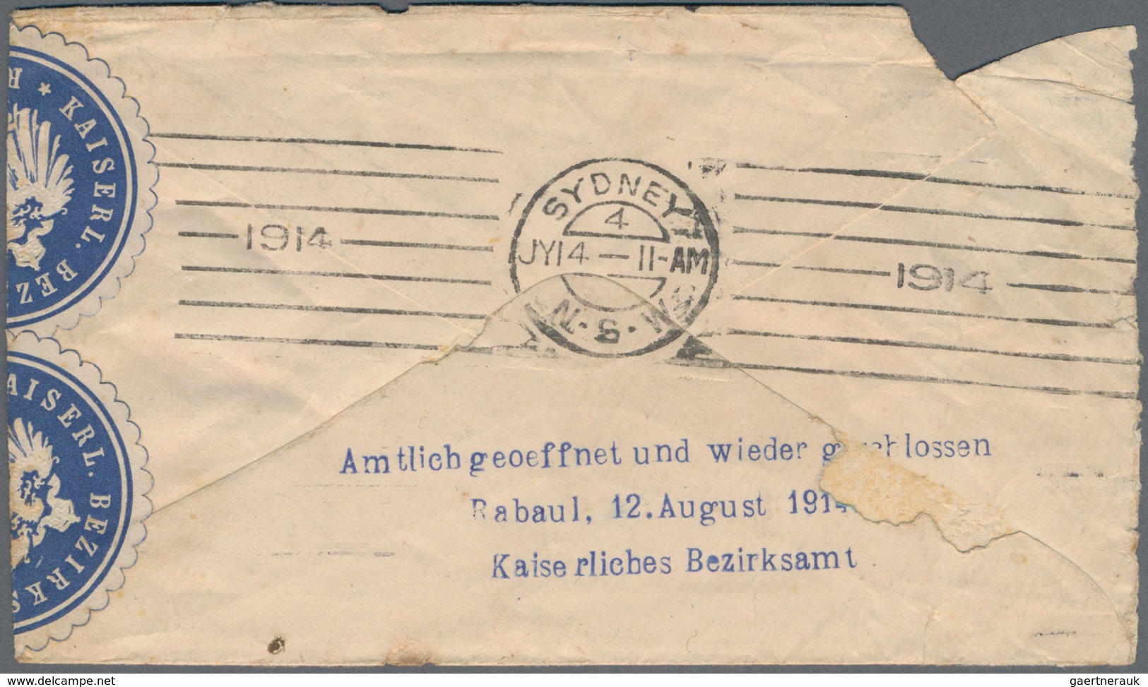 Deutsch-Neuguinea - Besonderheiten: 1914 (12.8.), Blauer Dreizeiler "Amtlich Geoeffnet Und Wieder Ge - Nouvelle-Guinée