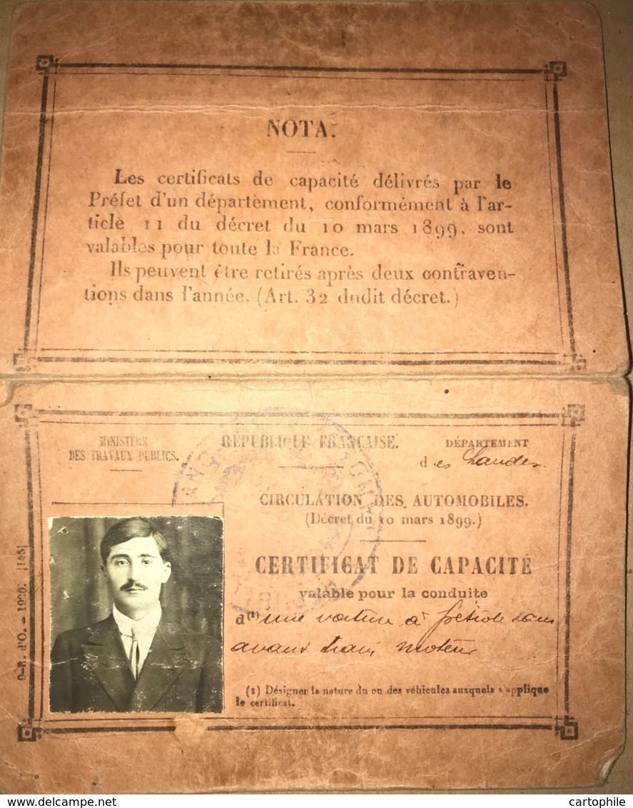 Certificat De Capacité Conduite D'Automobiles à Pétrole Sans Avant Train Moteur 1920 à St Vincent De Tyrosse Fiscal - Documenti Storici