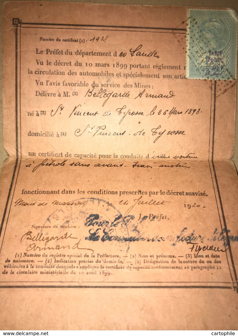 Certificat De Capacité Conduite D'Automobiles à Pétrole Sans Avant Train Moteur 1920 à St Vincent De Tyrosse Fiscal - Documenti Storici