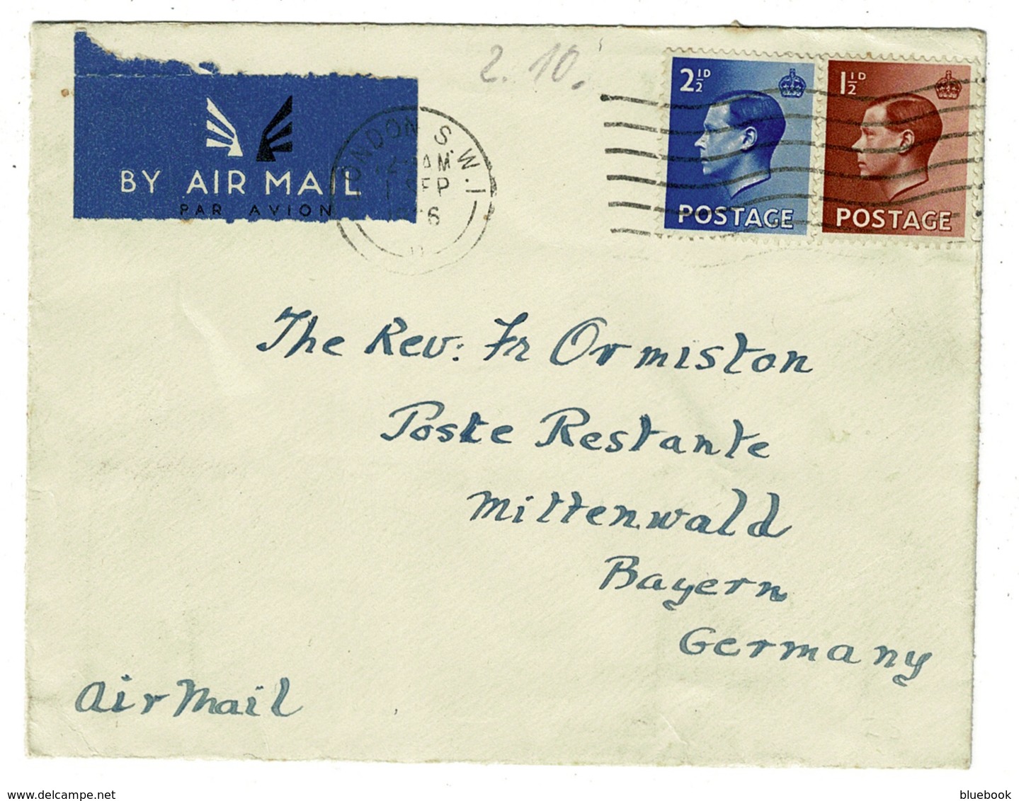 Ref 1355 - GB 1936 KEVIII FDC - First Day Cover - 4d Airmail Rate Cover To Germany - Brieven En Documenten