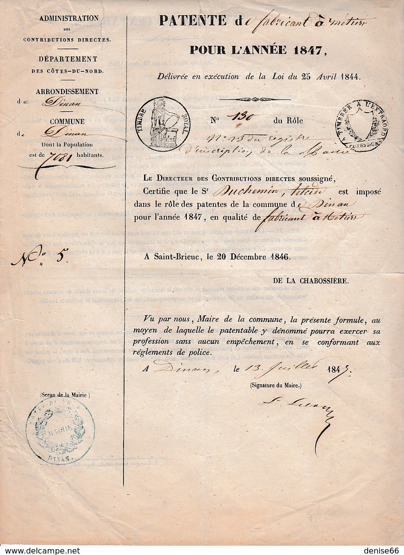 1847 - DINAN - PATENTE De FABRICANT à METIERS Pour Le Sr DUCHEMIN Telcide - Fait à SAINT-BRIEUC - Historische Dokumente