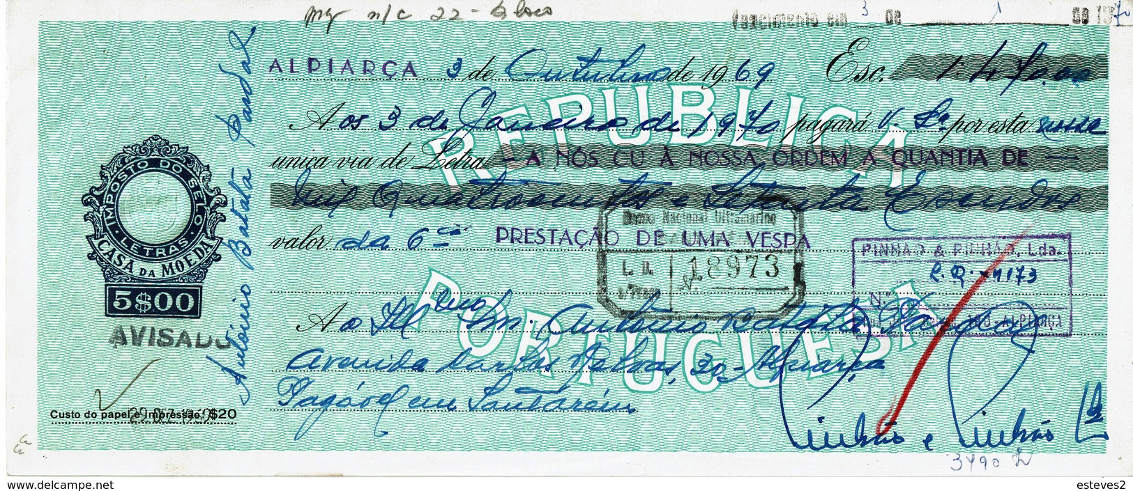Portugal . 1969 , Letra , Bill Of Exchange , Revenue Relevant Seal 5$00 ,  Vespa Buying - Portogallo