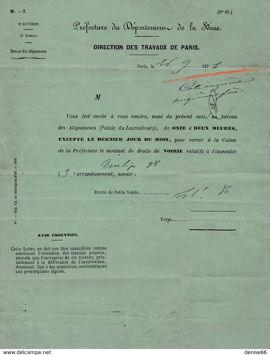 1874 TRAVAUX De PARIS - Bureau Des ALIGNEMENTS - Droit De Petite Voirie M. SARRAZIN 38, Rue Turbigo 3° - Documents Historiques