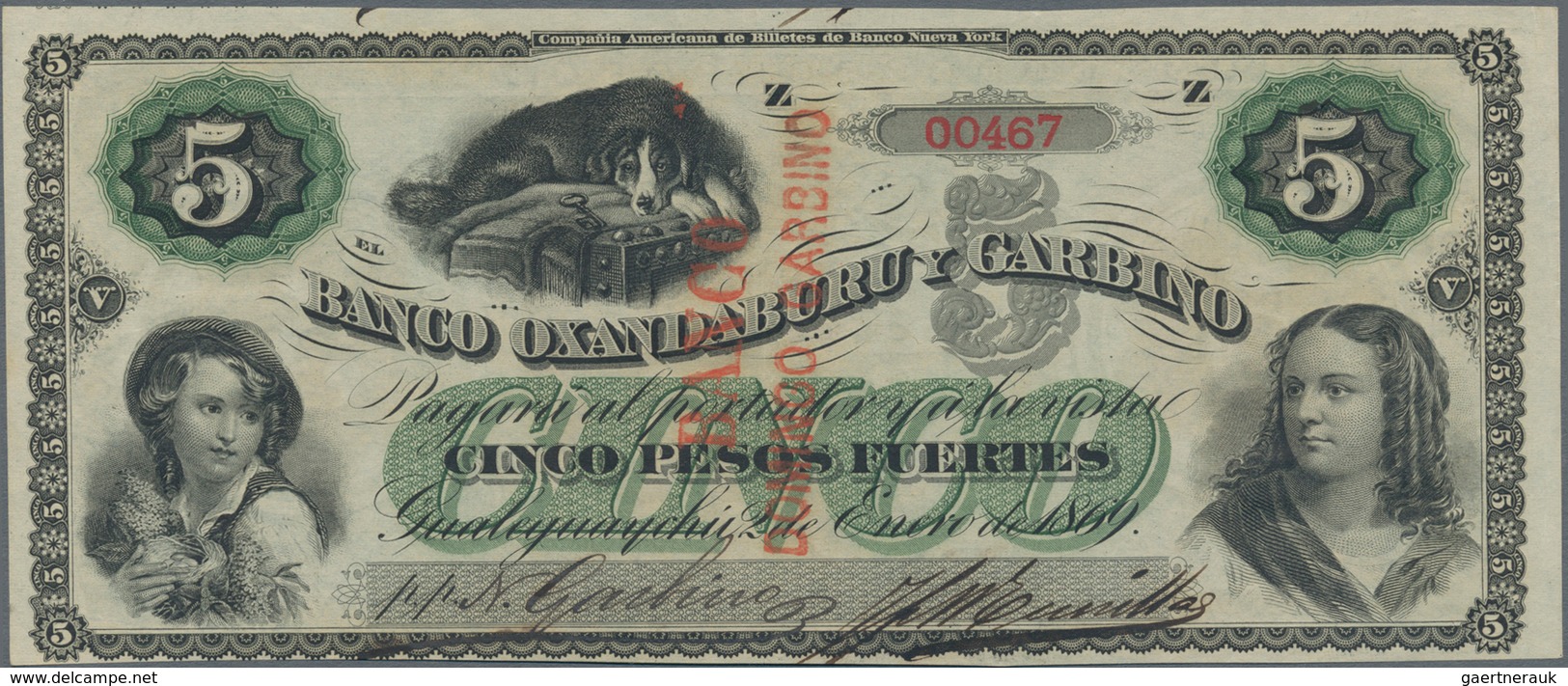 Argentina / Argentinien: Banco Oxandaburu Y Garbino 5 Pesos Fuertes 1869 With Red Overprint "BANCO D - Argentina