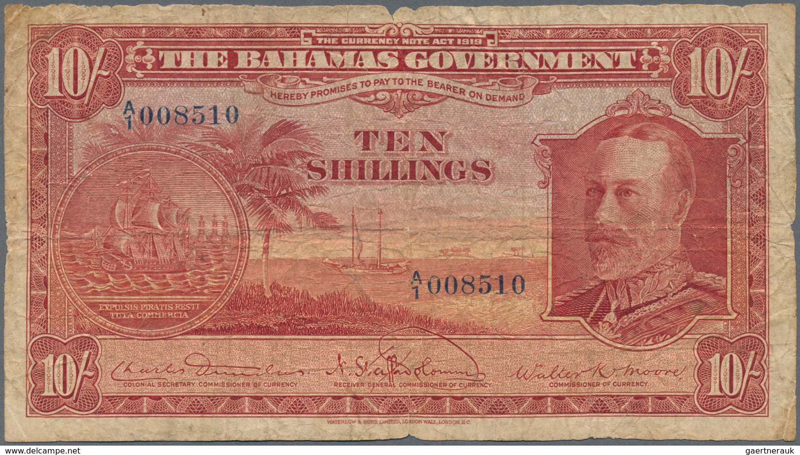 Bahamas: The Bahamas Government 10 Shillings L.1919, P.6 With Portrait Of King George V, Small Margi - Bahamas