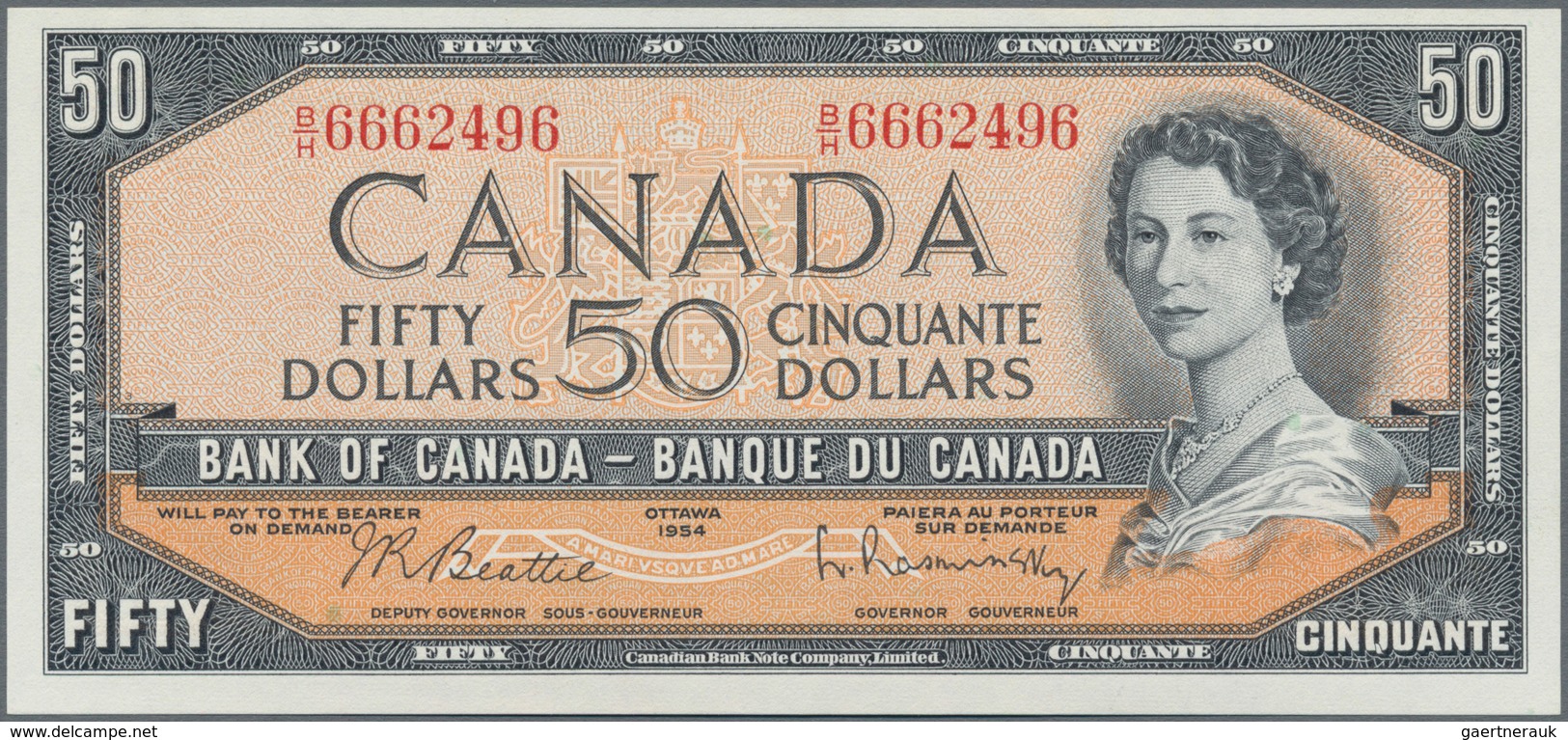 Canada: Bank Of Canada 50 Dollars 1954 With Signatures: Beattie & Rasminsky, P.82b, Perfect Conditio - Canada