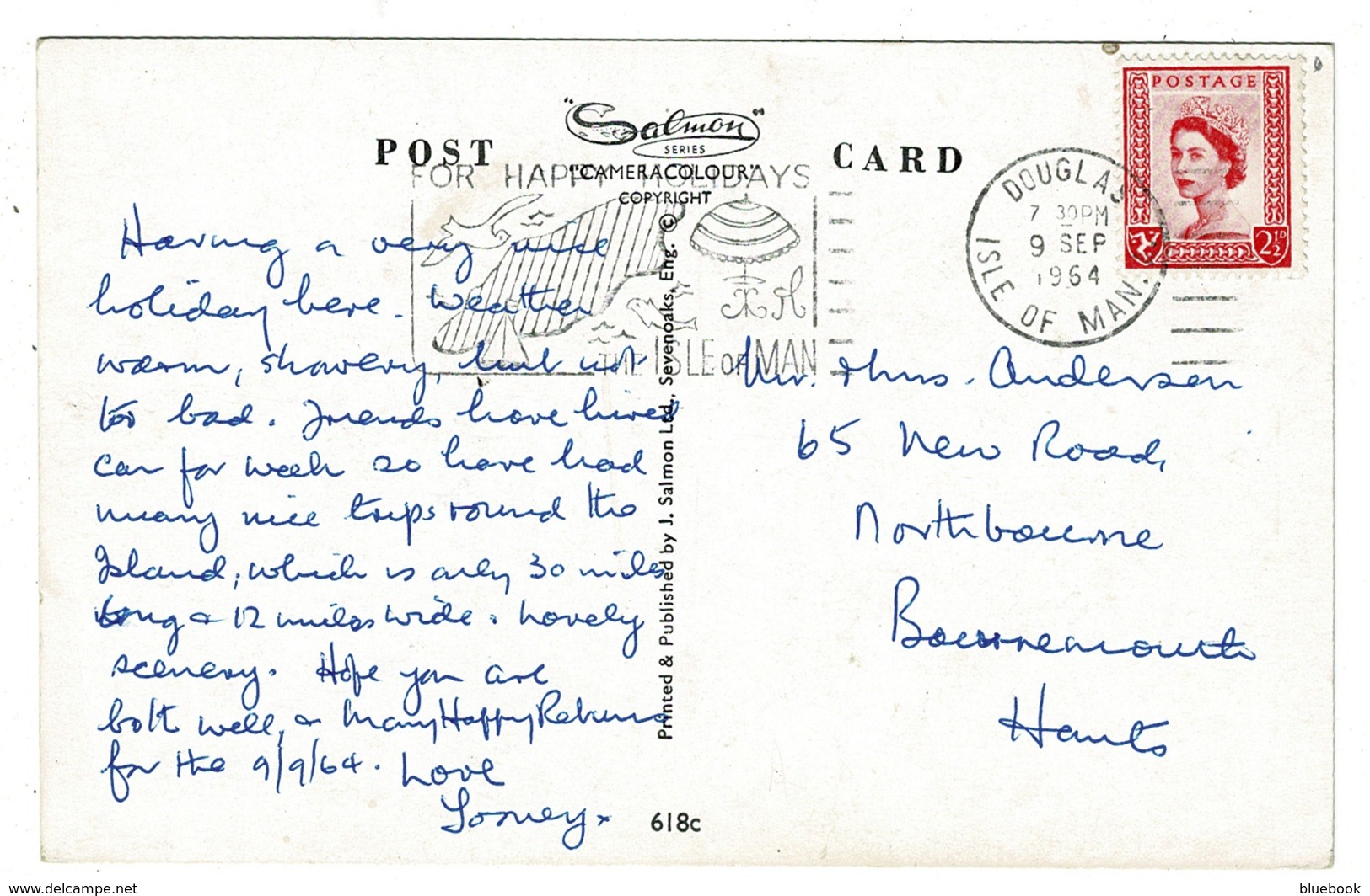 Ref 1357 - 1964 J. Salmon Postcard - Port Erin Isle Of Man - Regional Stamp - Douglas Postmark - Isle Of Man