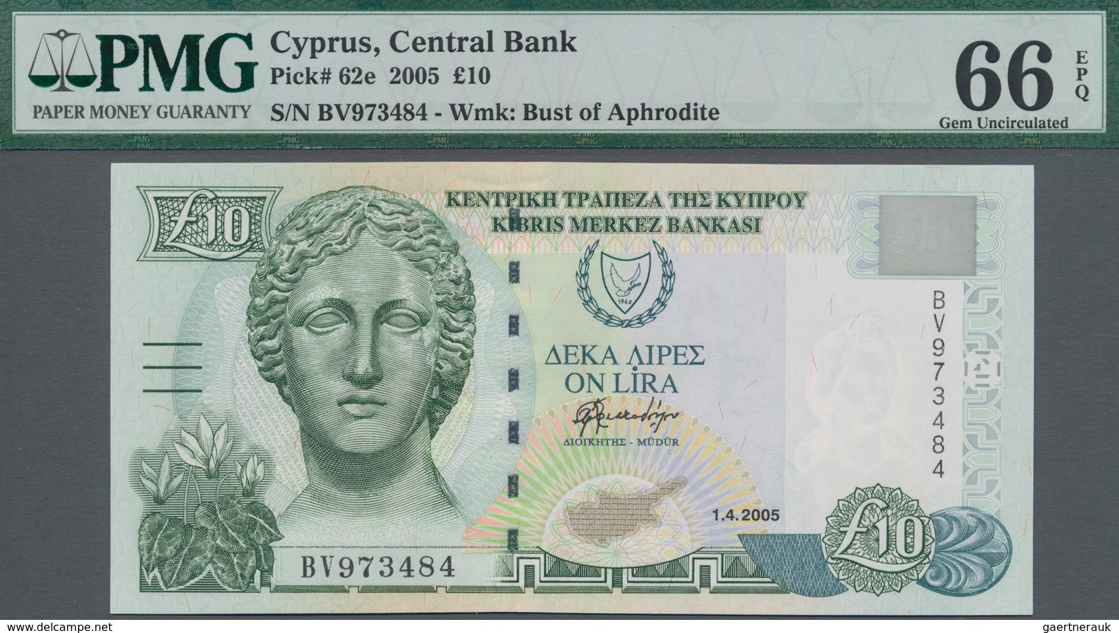 Cyprus / Zypern: Central Bank Of Cyprus 10 Pounds 2005, P.62e, Excellent Condition And PMG Graded 66 - Zypern