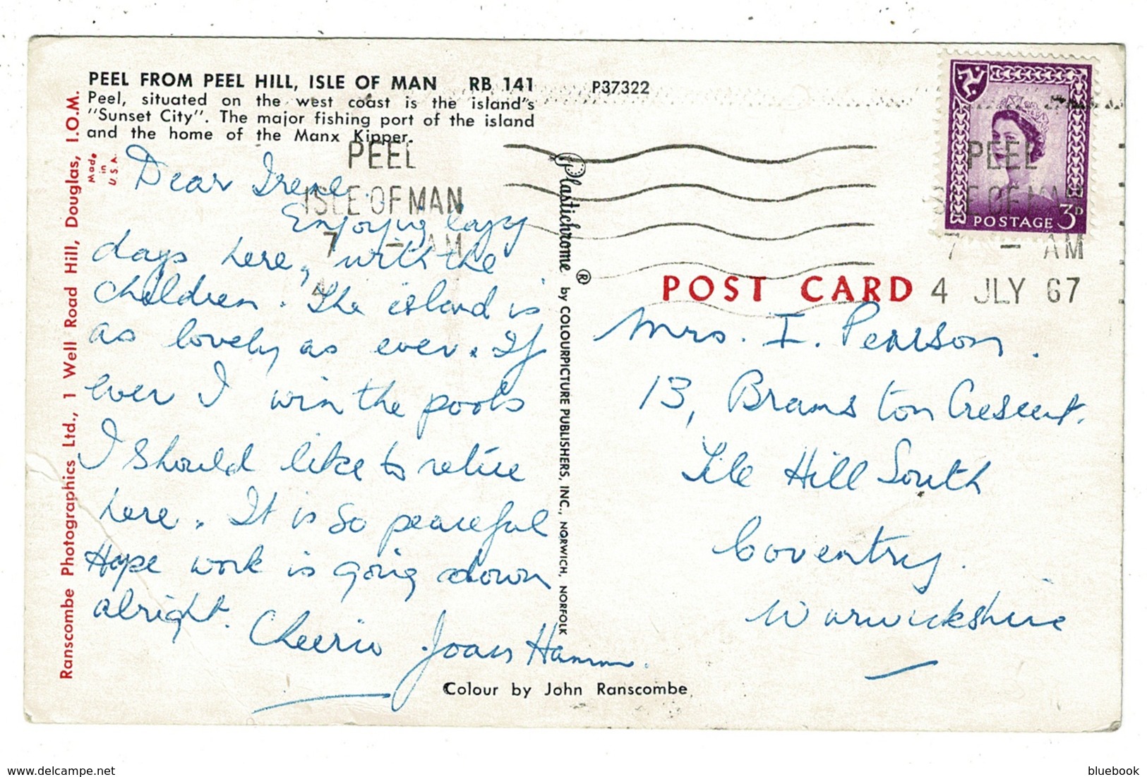 Ref 1357 - 1967 Peel Postcard - Peel Isle Of Man Krag Postmark - Ile De Man