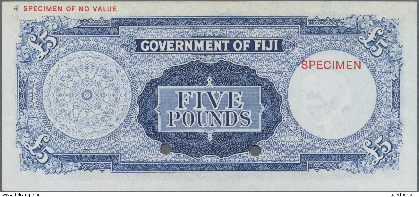 Fiji: Government Of Fiji 5 Pounds 1954-67 Color Trial SPECIMEN In Blue Instead Of Purple-green, P.54 - Fiji