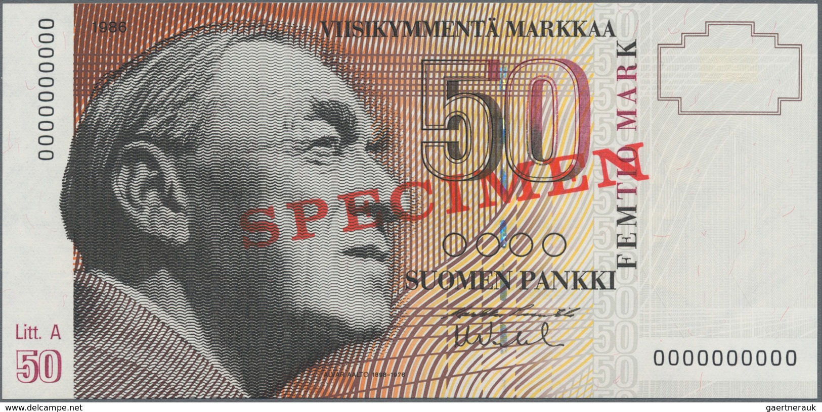 Finland / Finnland: Suomen Pankki / Finlands Bank 50 Markkaa 1986, Litt. A, With Signatures: Puntila - Finlandia