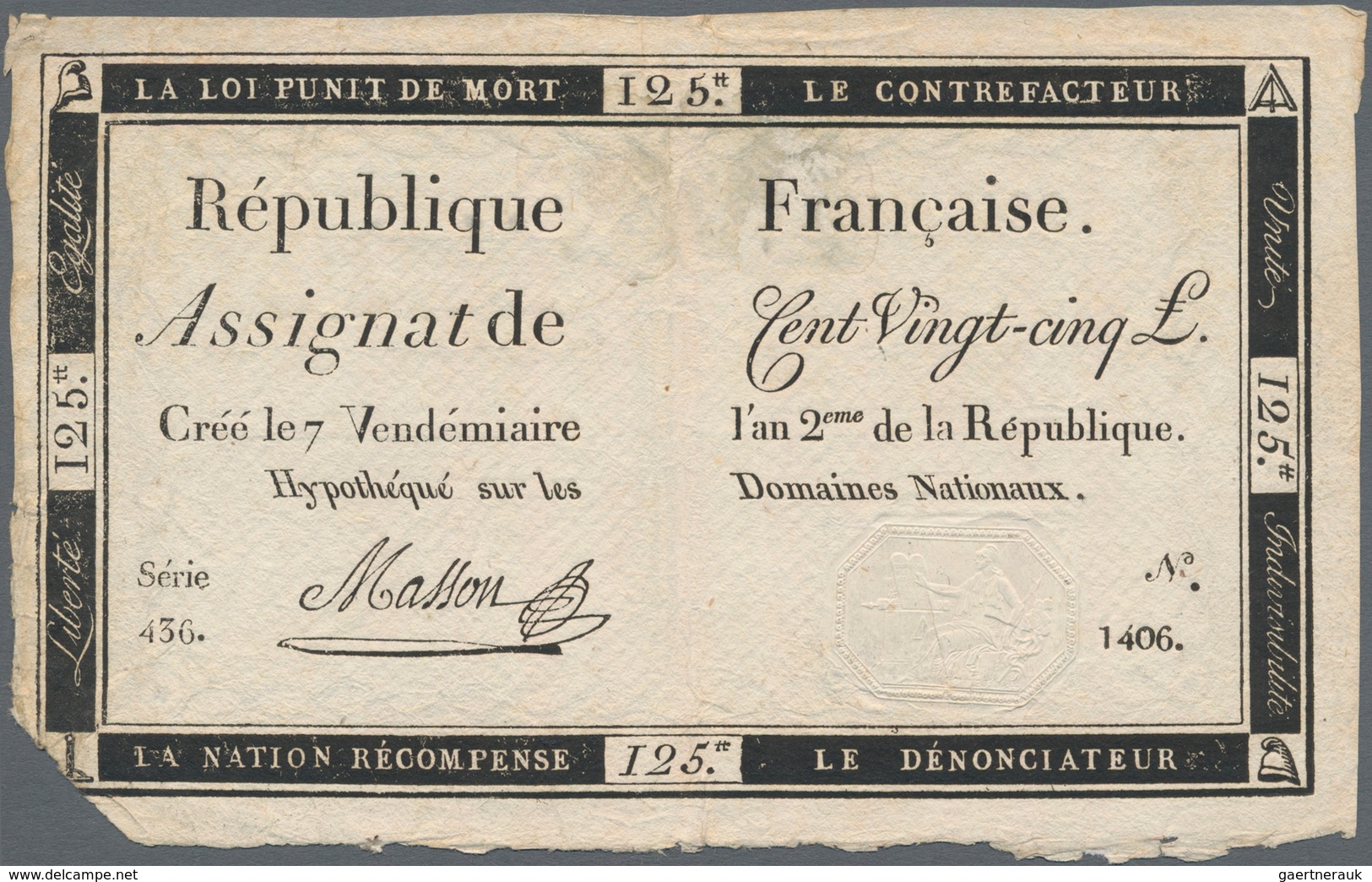 France / Frankreich: République Française Set With 4 Banknotes 125 Livres Assignat, Dated September - 1955-1959 Sobrecargados (Nouveau Francs)