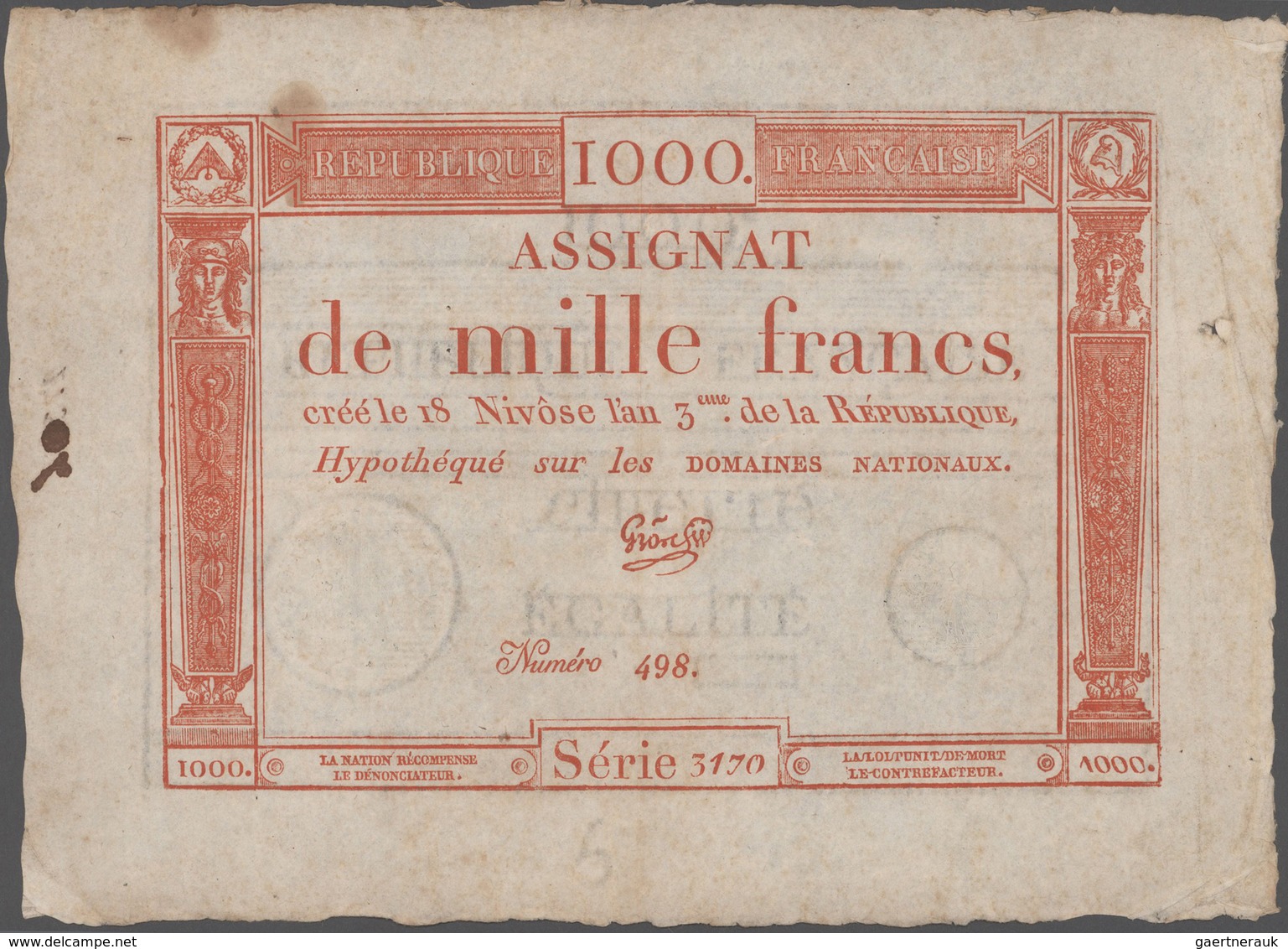 France / Frankreich: République Française Pair Of The 1000 Francs Assignat January 7th 1795, P.A80, - 1955-1959 Sobrecargados (Nouveau Francs)