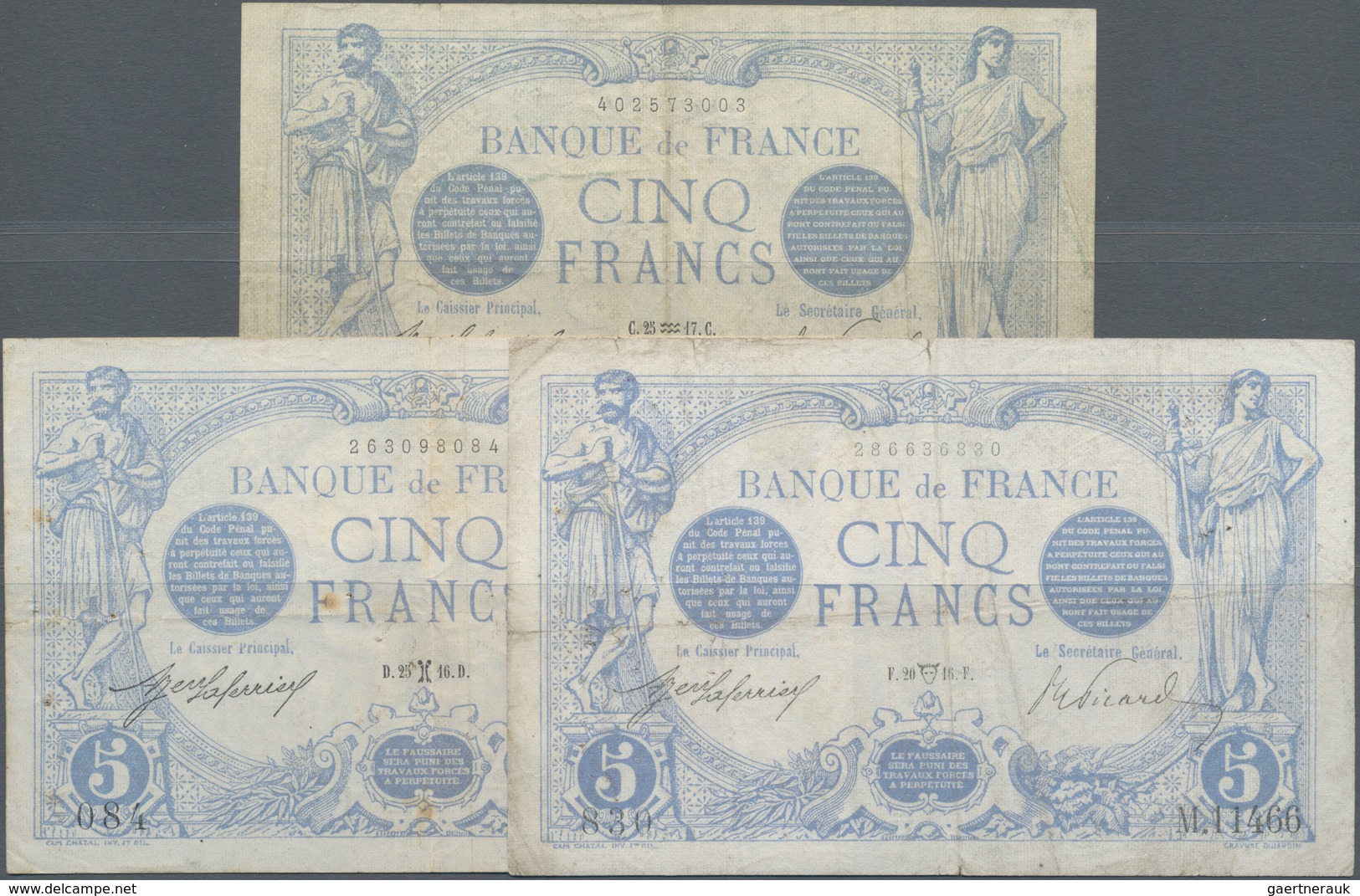 France / Frankreich: Banque De France Set With 3 Banknotes 5 Francs 1916/17, P.70 (Fay.2.36, 2.38, 2 - 1955-1959 Sobrecargados (Nouveau Francs)