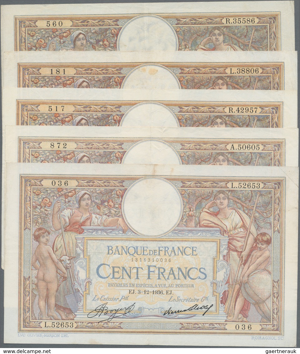 France / Frankreich: Banque De France Set With 5 Banknotes 100 Francs 1932, 1933, 1934, 2x 1936, P.7 - 1955-1959 Opdruk ''Nouveaux Francs''