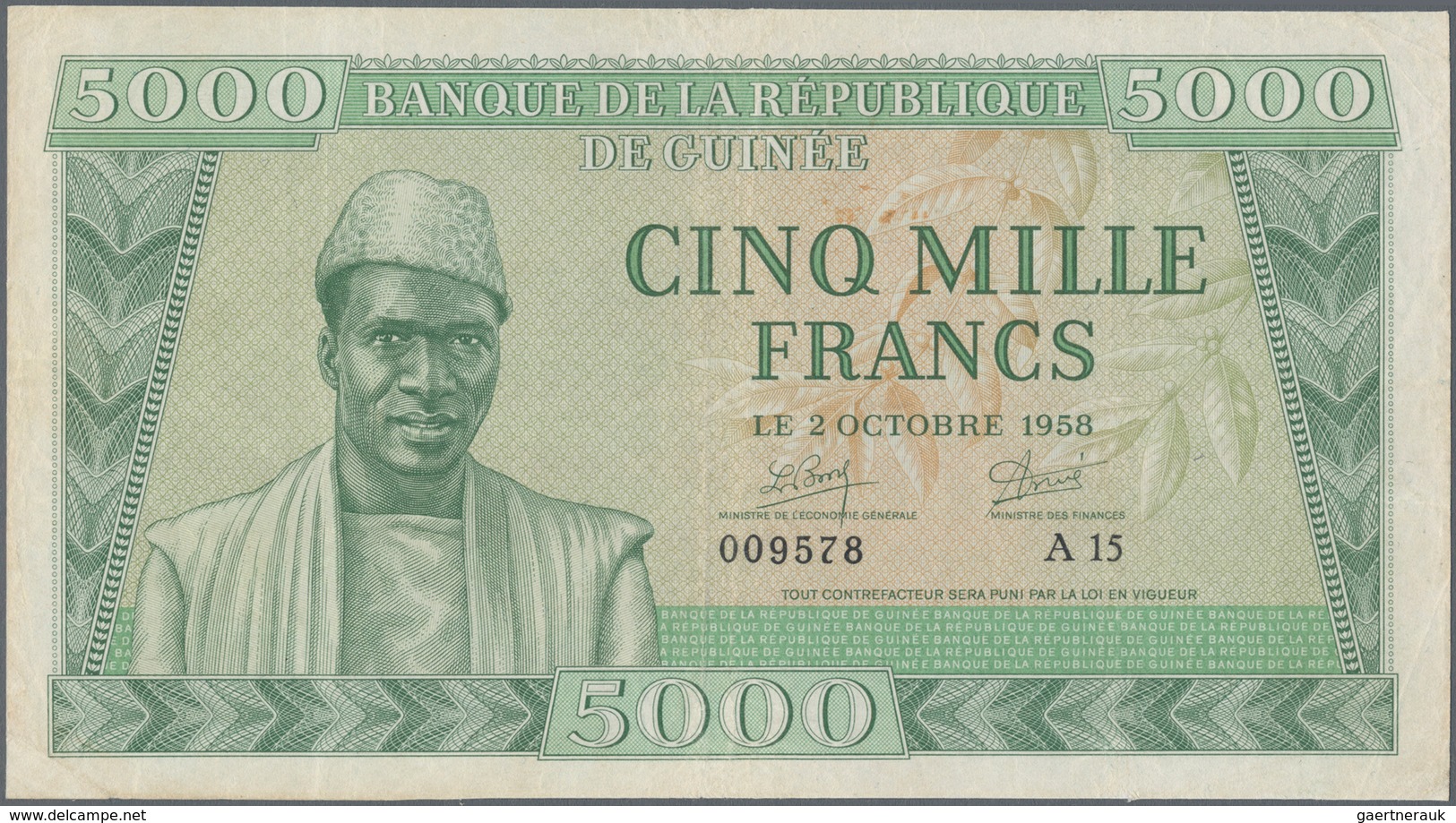 Guinea: Banque De La République De Guinée 5000 Francs 1958, P.10, Still Nice For This Large Size Not - Guinea