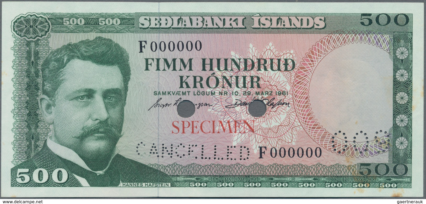 Iceland / Island: Lot 4 Specimen Banknotes: 25 Kronur 1957 Specimen P. 39s, 100 Kronur 1961 P44s, 50 - Island