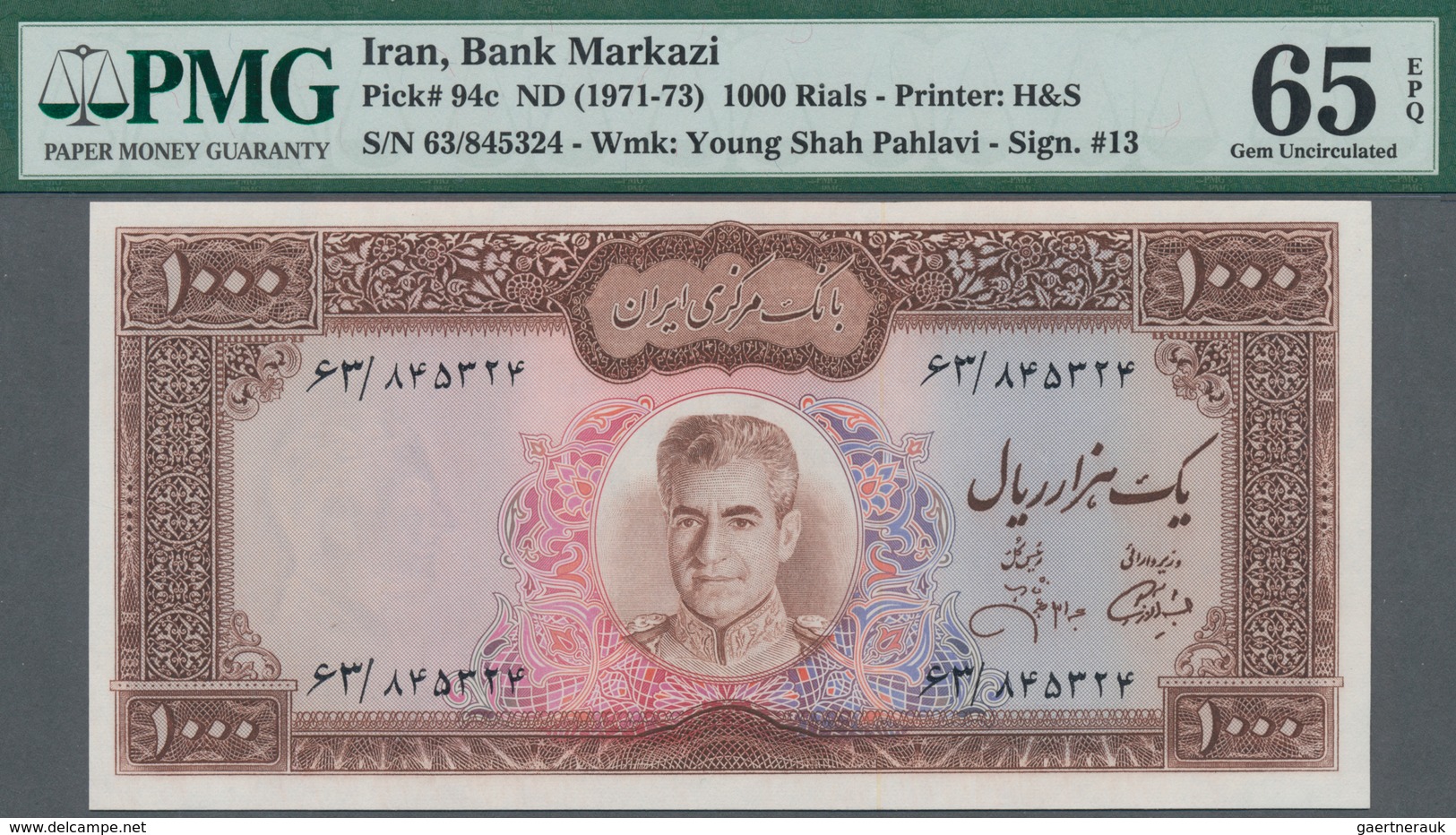 Iran: Bank Markazi Iran 1000 Rials ND(1971-73), P.94c Signatures: Abdol Ali Jahanshahi & Dr. Jamshid - Iran