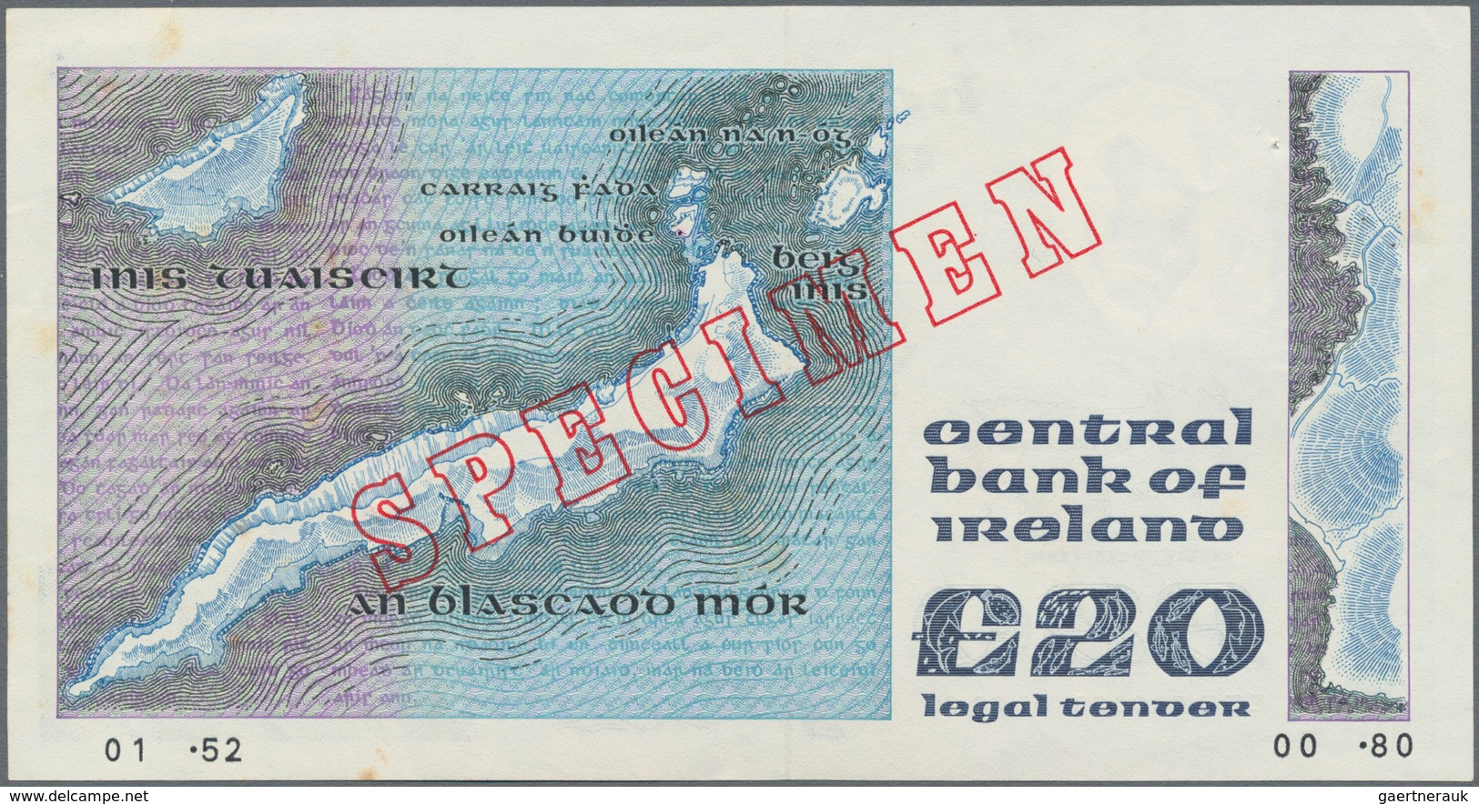 Ireland / Irland: Central Bank Of Ireland 20 Pounds 1980-92 SPECIMEN, P.73s, Almost Perfect Conditio - Ireland