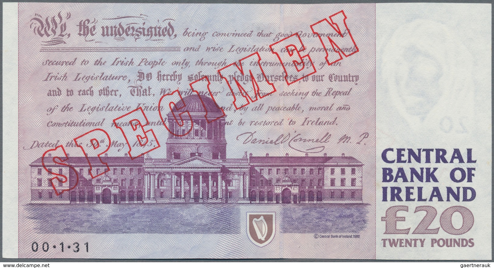 Ireland / Irland: Lot 4 Specimen Banknotes: 5, 10, 20 and 50 Pounds 1992-2001 Series, P.75s-78s, unc