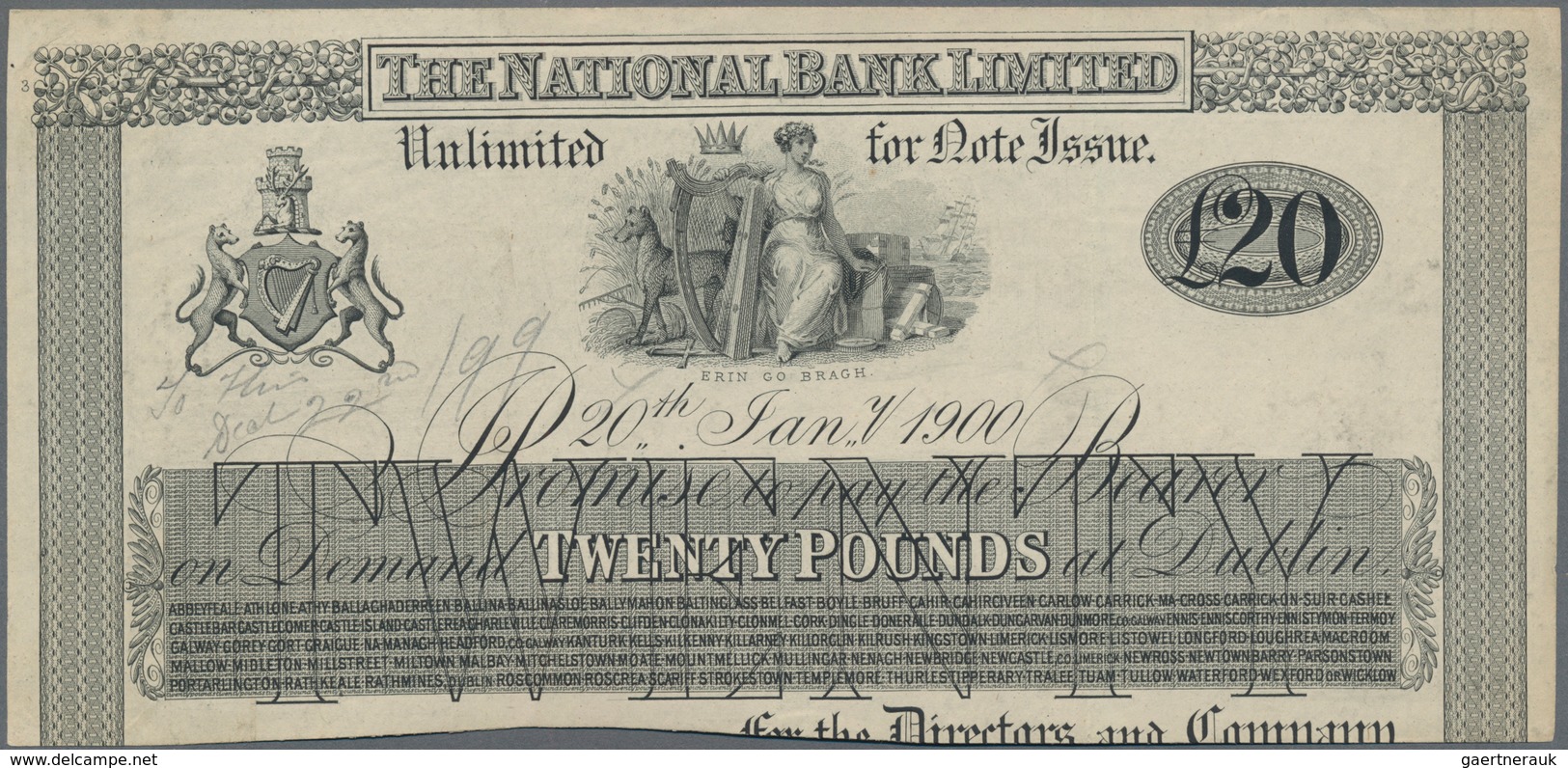 Ireland / Irland: The National Bank Limited 20 Pounds 1900 Uniface Front Proof, P.NL With Annotation - Irlanda