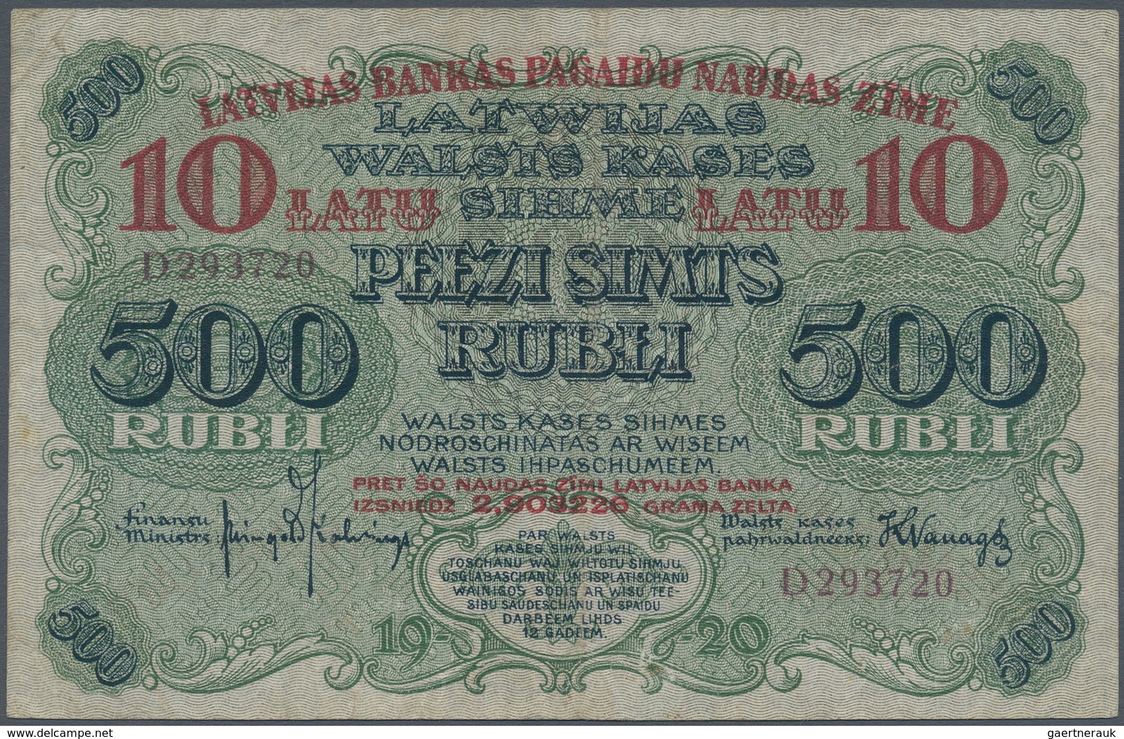 Latvia / Lettland: Latvijas Bankas 10 Latu 1920 Overprint On 500 Rubli #8, P.13, Very Popular Note I - Lettonie