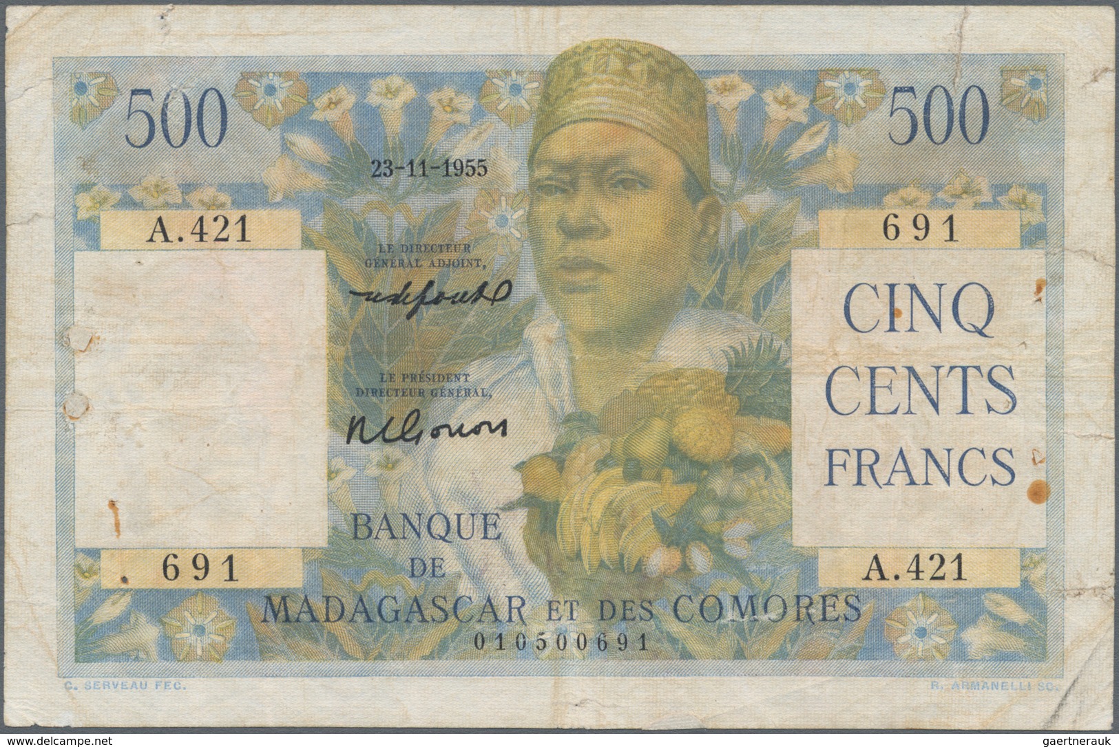 Madagascar: Pair Of 500 Francs, One Of The Banque De Madagascar Et Des Comores Issue 1955, P.47a Wit - Madagascar