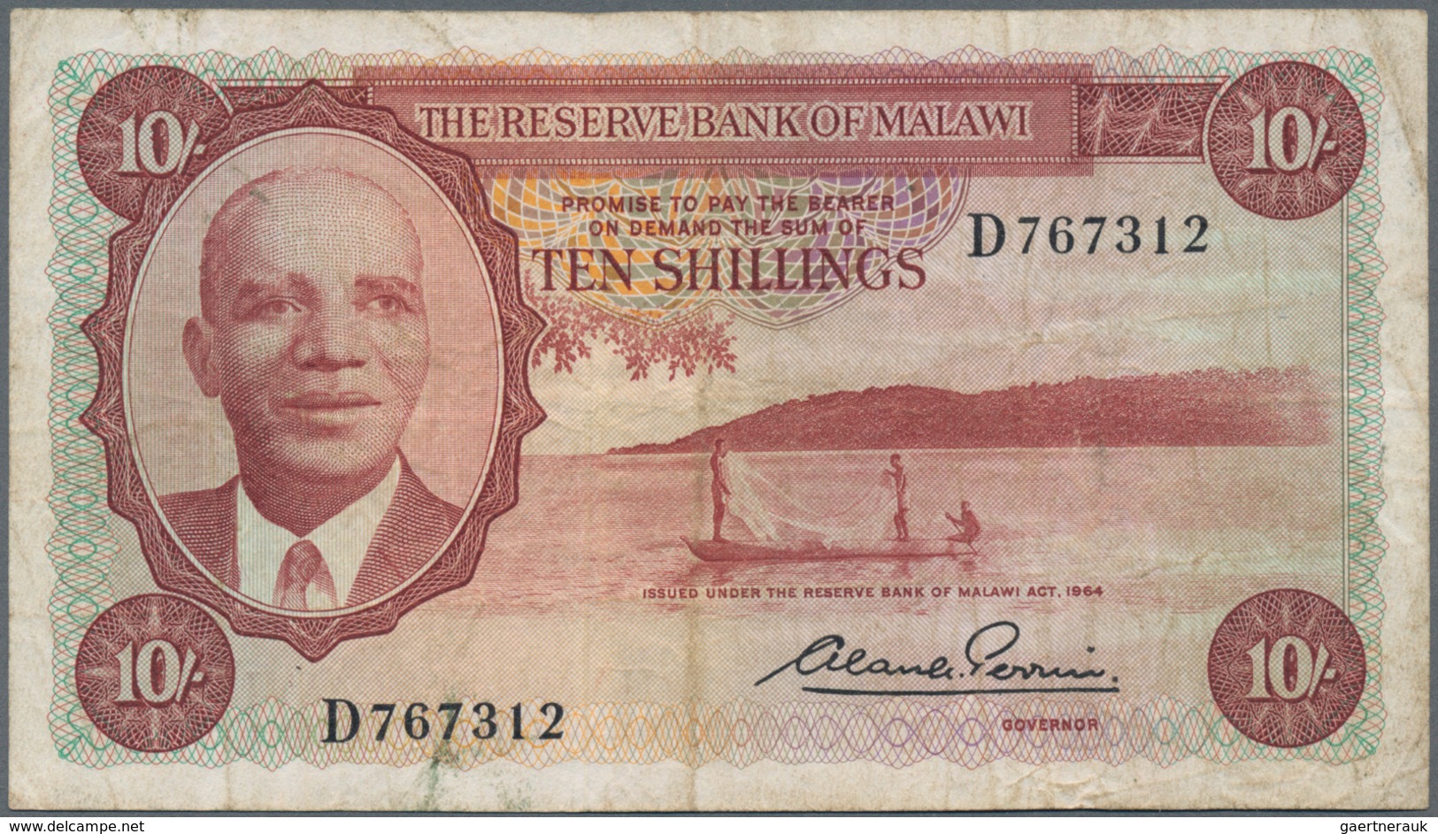 Malawi: Reserve Bank Of Malawi 10 Shillings L.1964, P.2, Lightly Stained Paper With Several Folds. C - Malawi