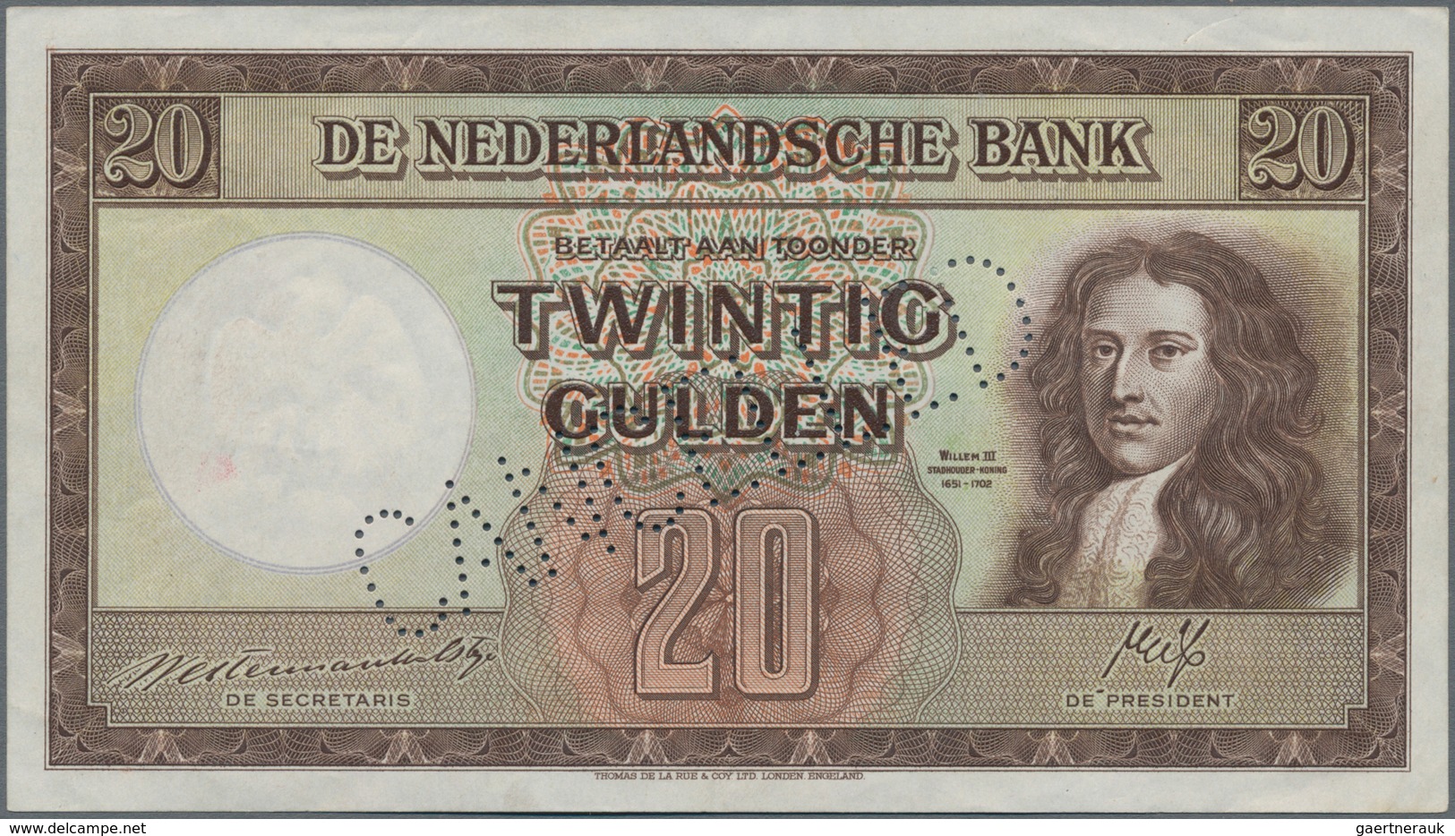 Netherlands / Niederlande: 20 Gulden 1945 SPECIMEN, P.76s With Perforation "Cancelled" And Serial Nu - Other & Unclassified