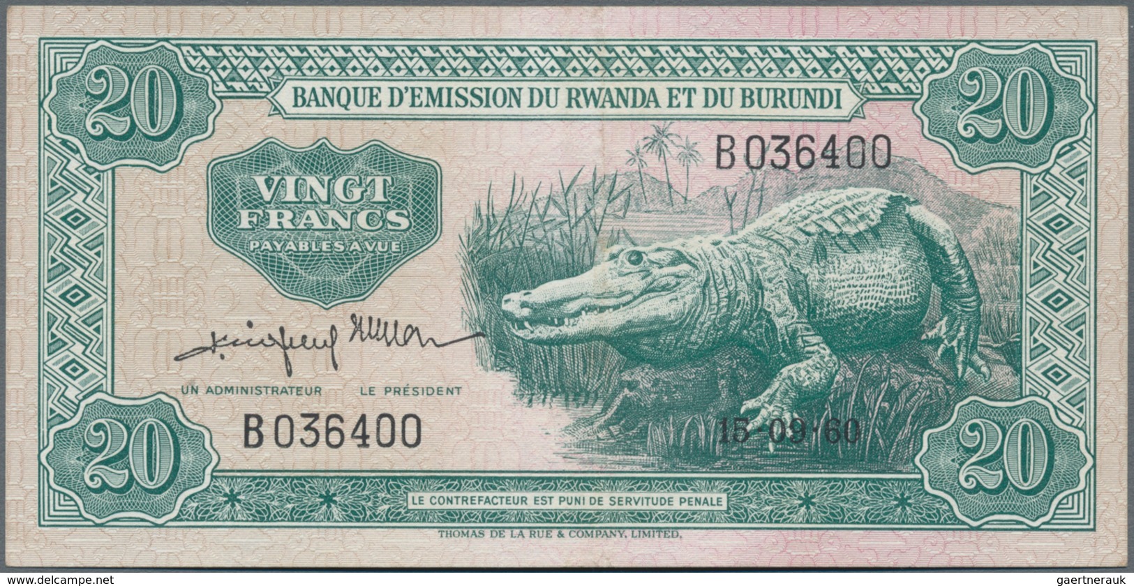Rwanda-Burundi / Ruanda-Burundi: Banque D'Émission Du Rwanda Et Du Burundi 20 Francs September 15th - Ruanda-Urundi