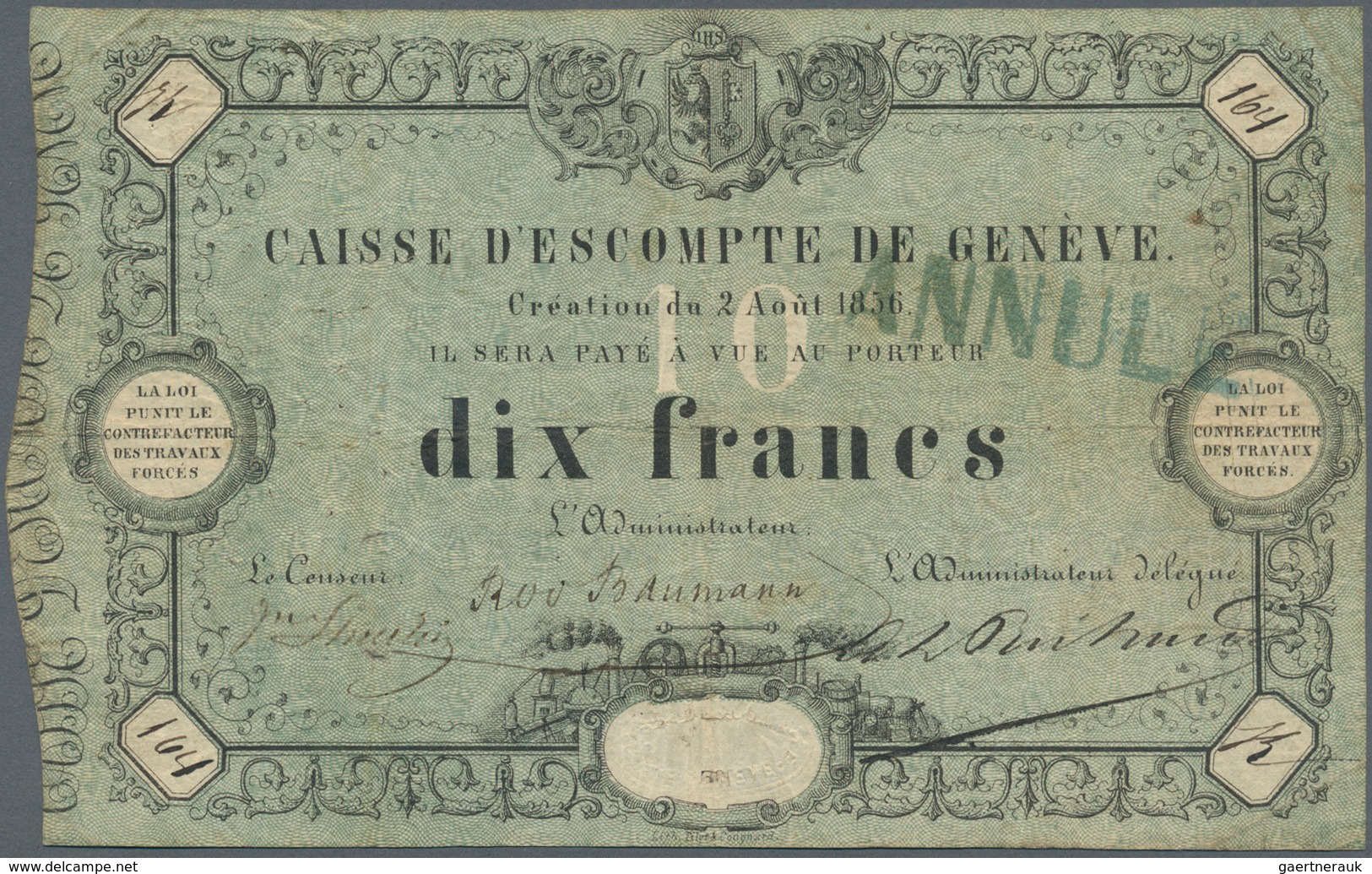 Switzerland / Schweiz: 10 Francs 1856, Caisse D'Escompte De Genève, P. S311, Stamped "Annulé", Used - Svizzera