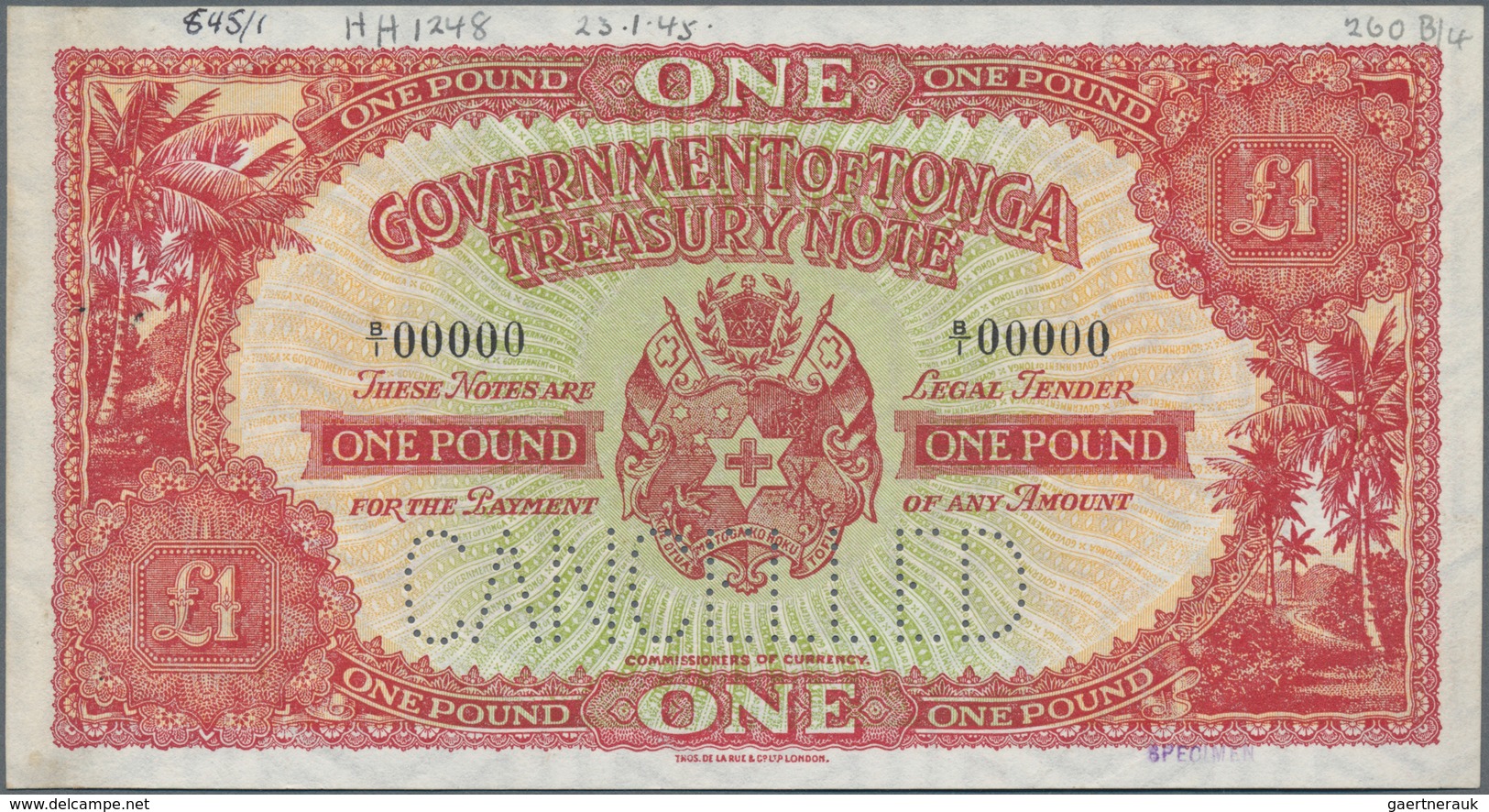 Tonga:  Government Of Tonga 1 Pound ND(1945) De La Rue Archive SPECIMEN, P.11as With Zero Serial Num - Tonga