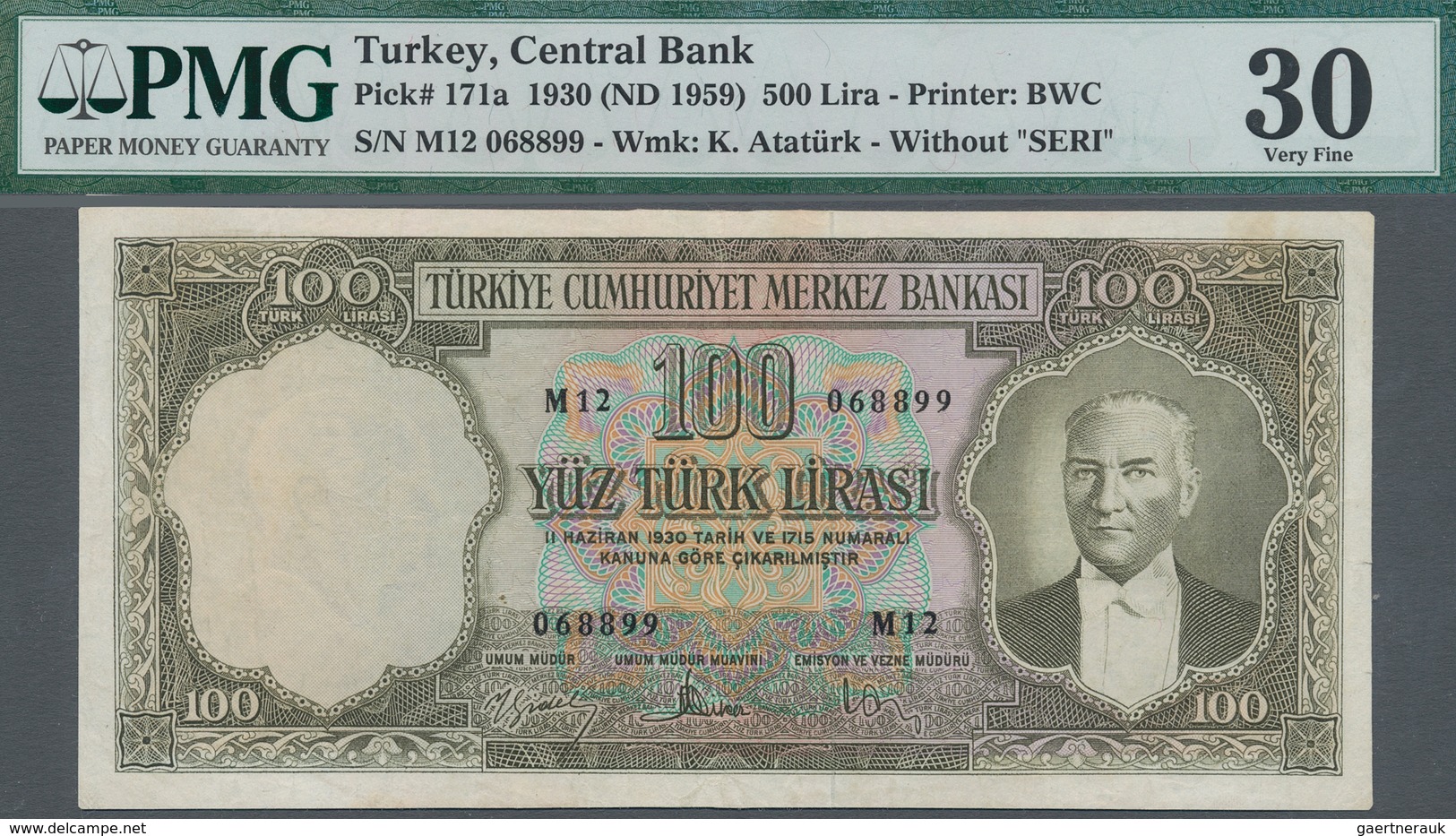 Turkey / Türkei: 100 Lira L.1930 (1953) "Atatürk" - 5th Issue Without "SERI" And Serial Number M12 0 - Turquia