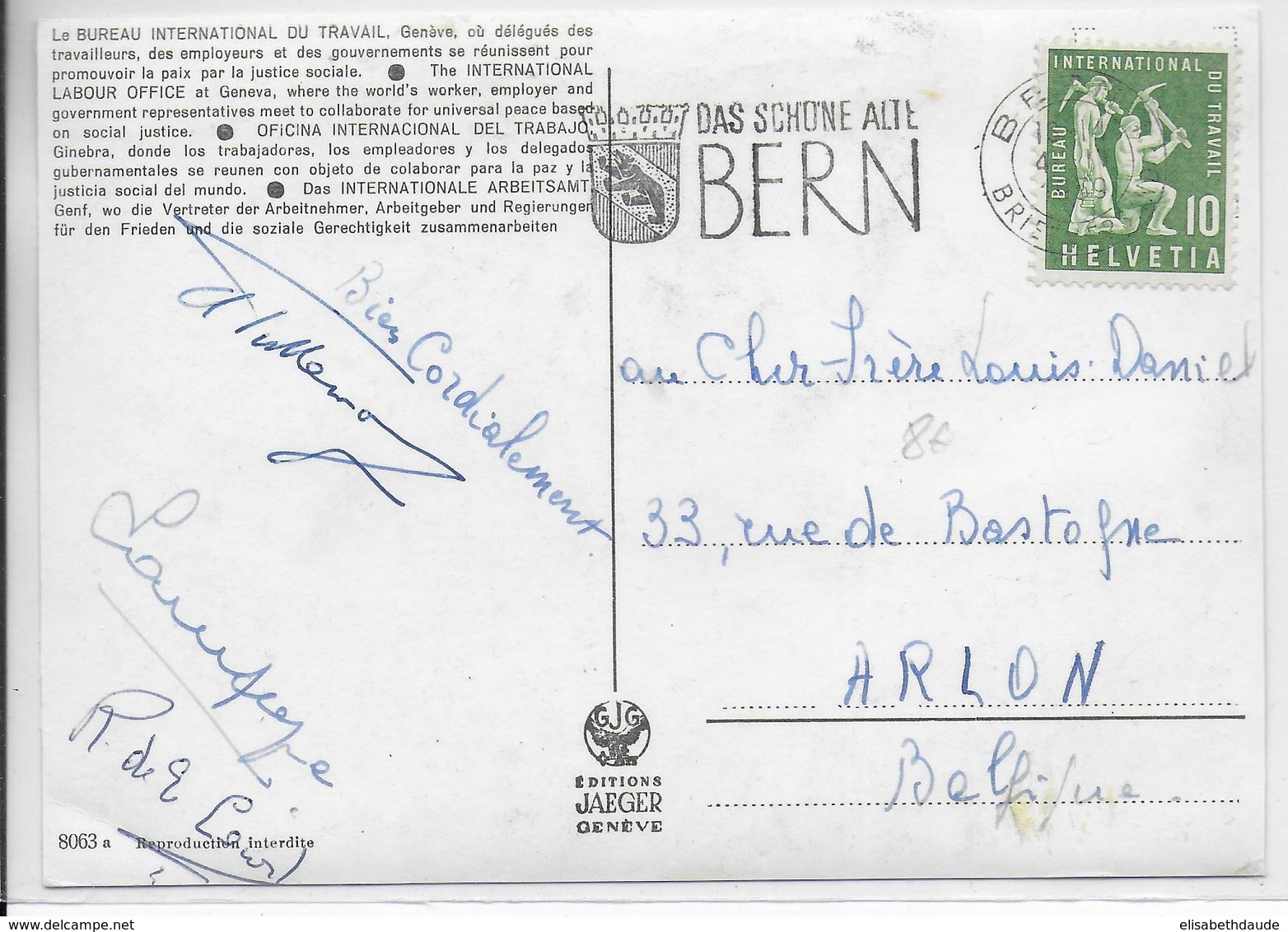 SUISSE - SERVICE / B.I.T - 1959 - CP ILLUSTREE Du BUREAU INTERNATIONAL Du TRAVAIL à GENEVE - De BERN => ARLON (BELGIQUE) - Oficial