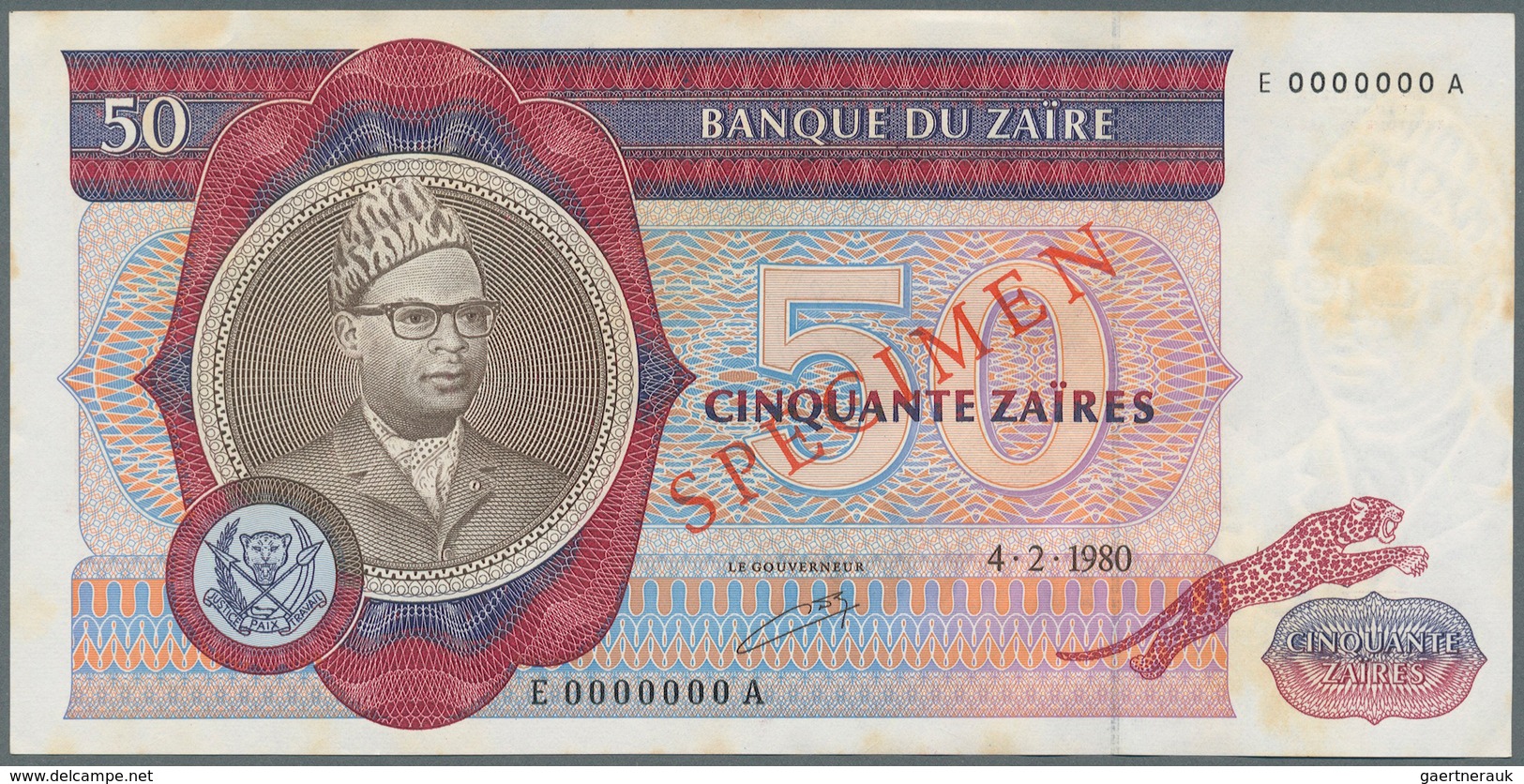Zaire: Set Of 70 Banknotes Zaire 50 Zaires 1980 Specimen P. 25s With Red "Speicmen" Overprint At Cen - Zaïre
