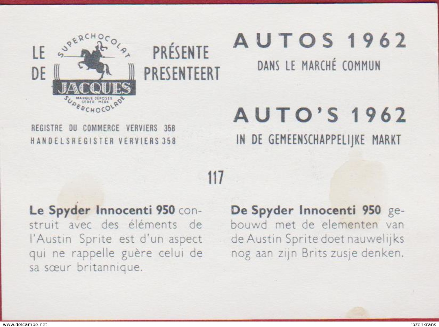 Chromo Chocolade Jacques Auto Autos Retro Voiture Car 1962 Nr. 117 De Spyder Innocenti 950 - Jacques