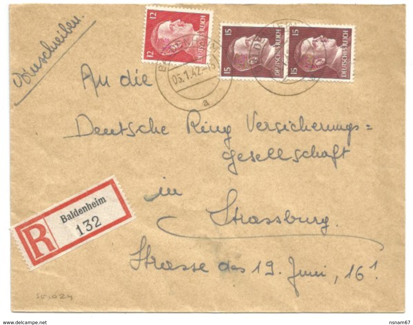 Sk1024 - BALDENHEIM - 1942 - Tarif Lettre Recommandé 42 Pfg - - Covers & Documents