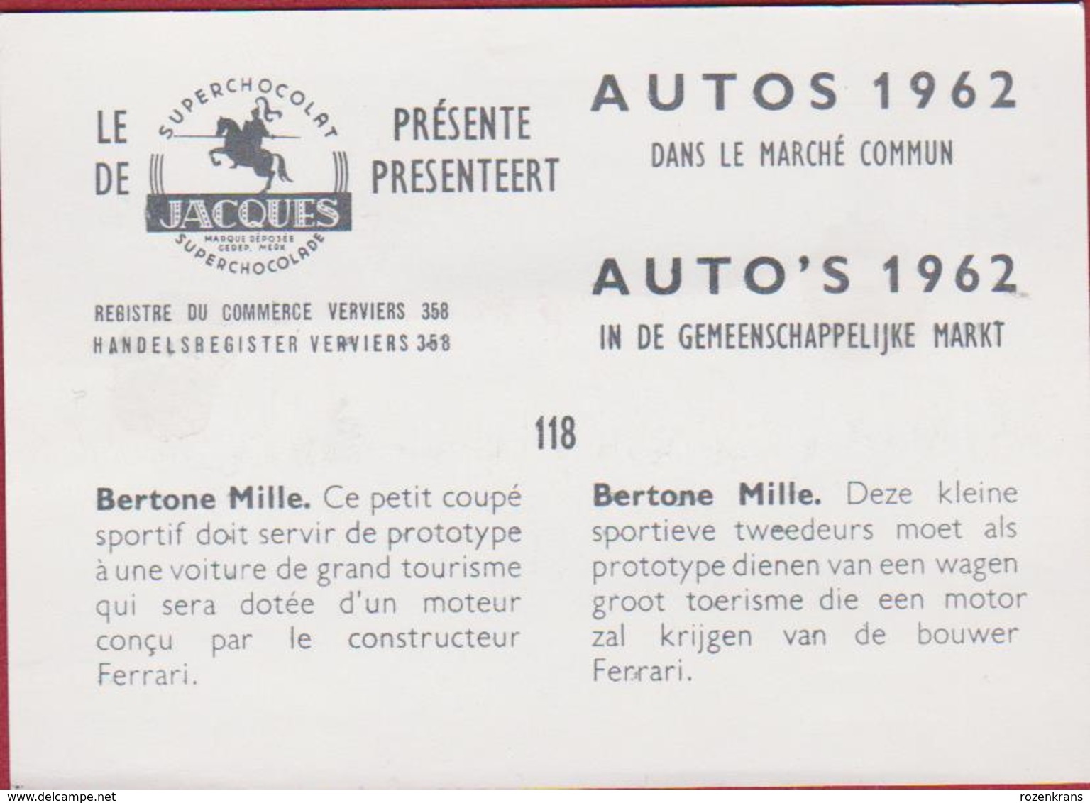 Chromo Chocolade Jacques Auto Autos Retro Voiture Car 1962 Nr. 118 Bertone Mille '60s - Jacques